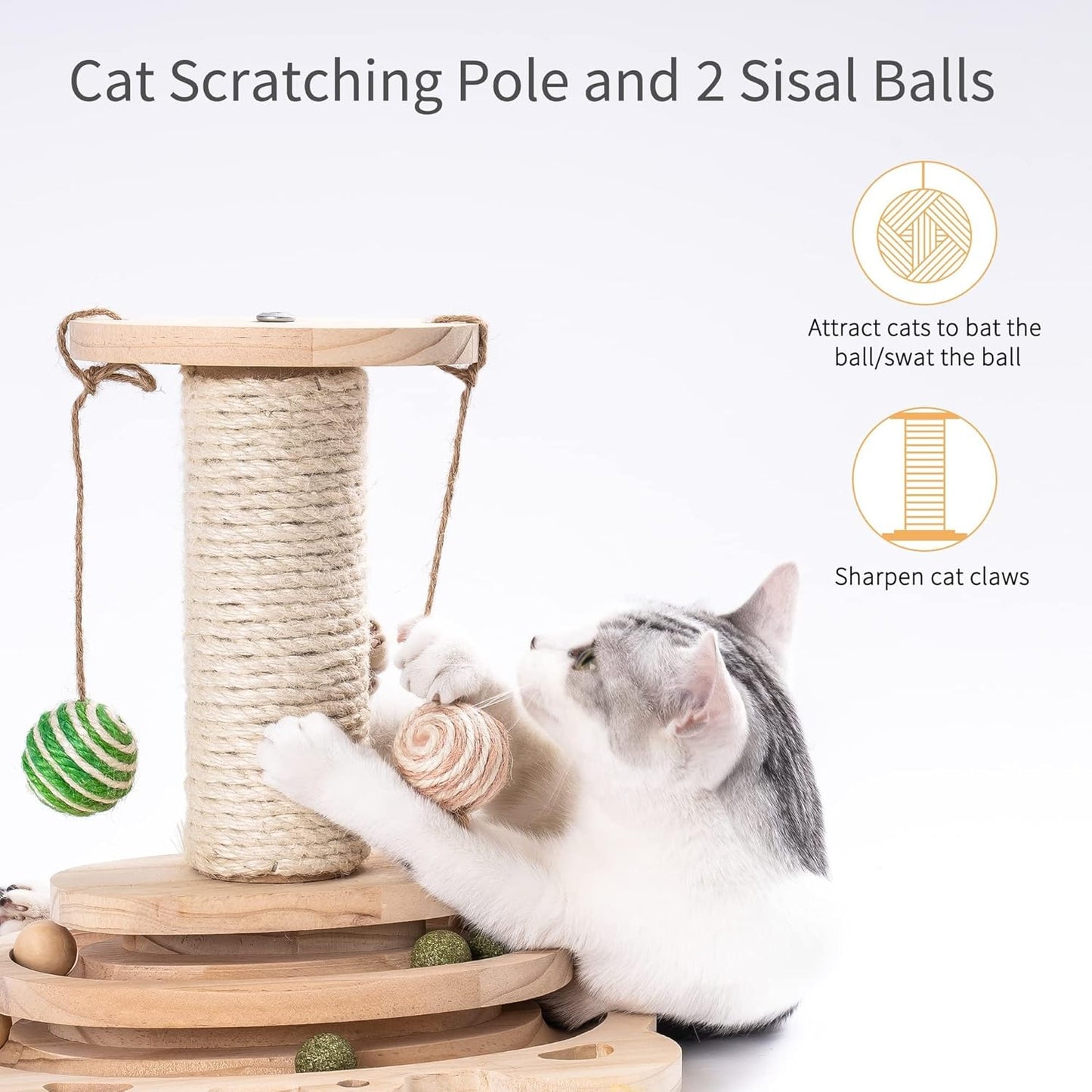 MEWOOFUN Cat Toy 2-Layer Turntable Cat Ball Toy with Feather,Kitten Toys Interactive Cat Toy with Eight Interactive Balls and Two Sisal Dangling Balls (Large)