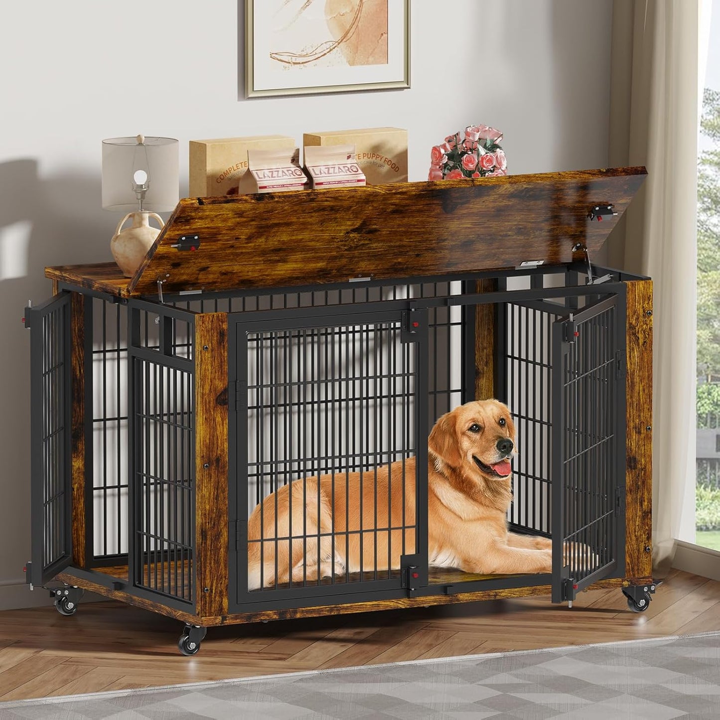 EasyCom 41" for Training Moveable XL Dog Crate, Large Dog Crate Furniture with Top-Access Teasing/Feeding Doors, Chew-Resistant Dog Kennel Indoor Furniture for Medium and Large Dogs