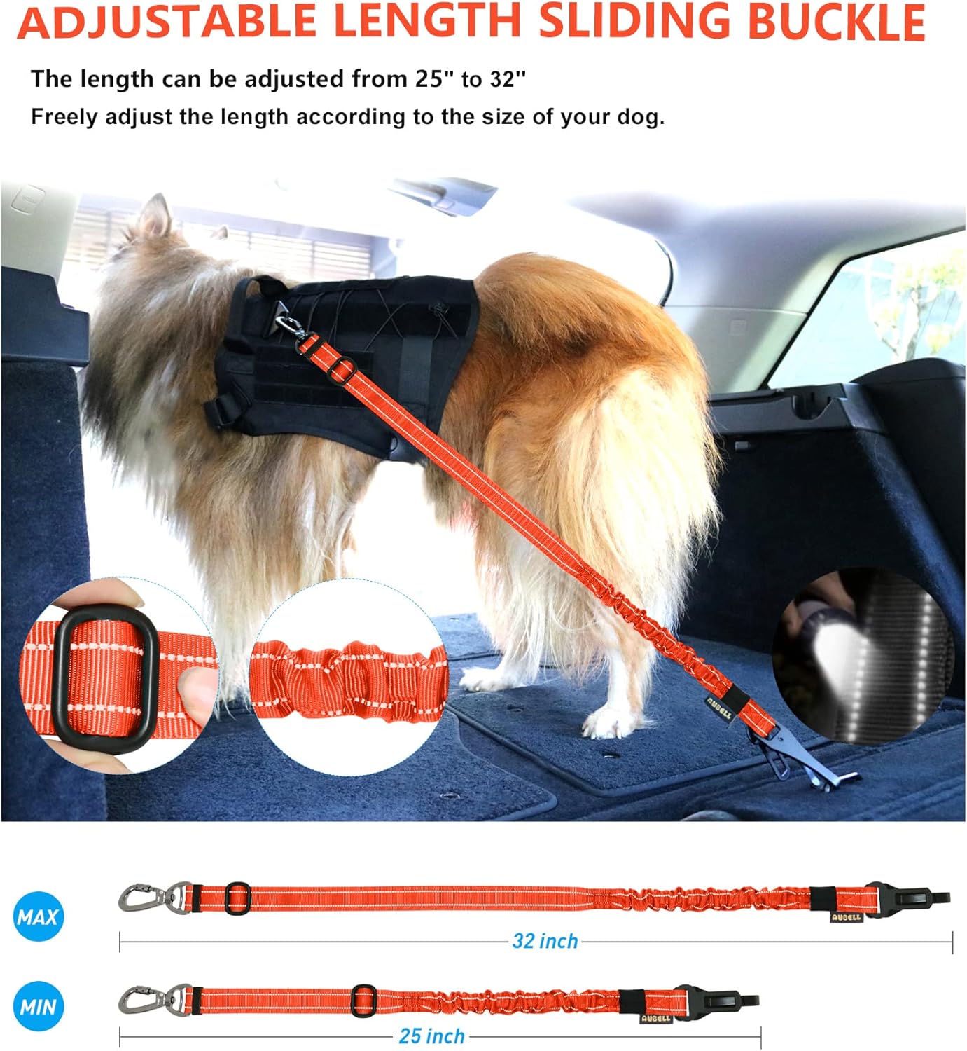 AUBELL Dog Seat Belt for Car,Updated 3-in-1 Adjustable Reflective Bungee Heavy Duty Dog Car Harness Tether with Clip Hook Latch & Buckle,Swivel Zinc Alloy Carabiner,Orange