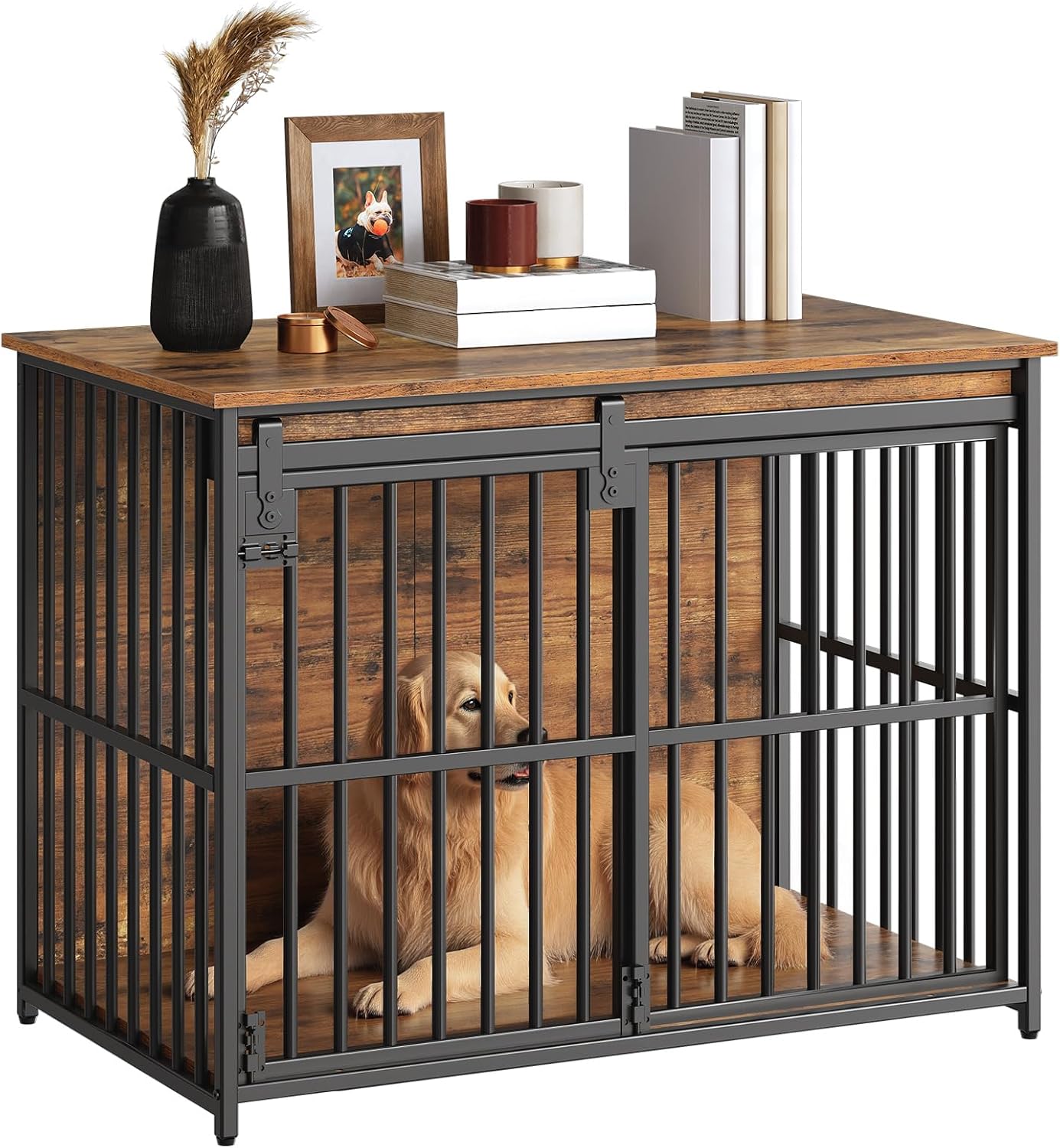 HOOBRO Dog Crate Furniture, 36.6" Heavy Duty Dog Kennel with Sliding Barn Door, Wooden Dog Cage Indoor, Decorative Side End Table for Small/Medium Dogs, Rustic Brown and Black FG162GW03G1