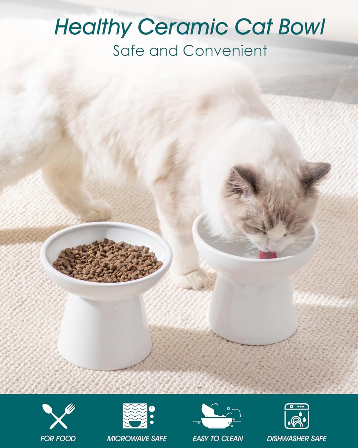 vancasso Ceramic Elevated Cat Bowls 2-Pack - 6.2" Extra Wide Raised Cat Food & Water Dishes, 5.1" Optimal Height Anti-Whisker Fatigue Shallow Bowls for Cats/Kittens/Dogs, Lead & Cadmium Free (White)