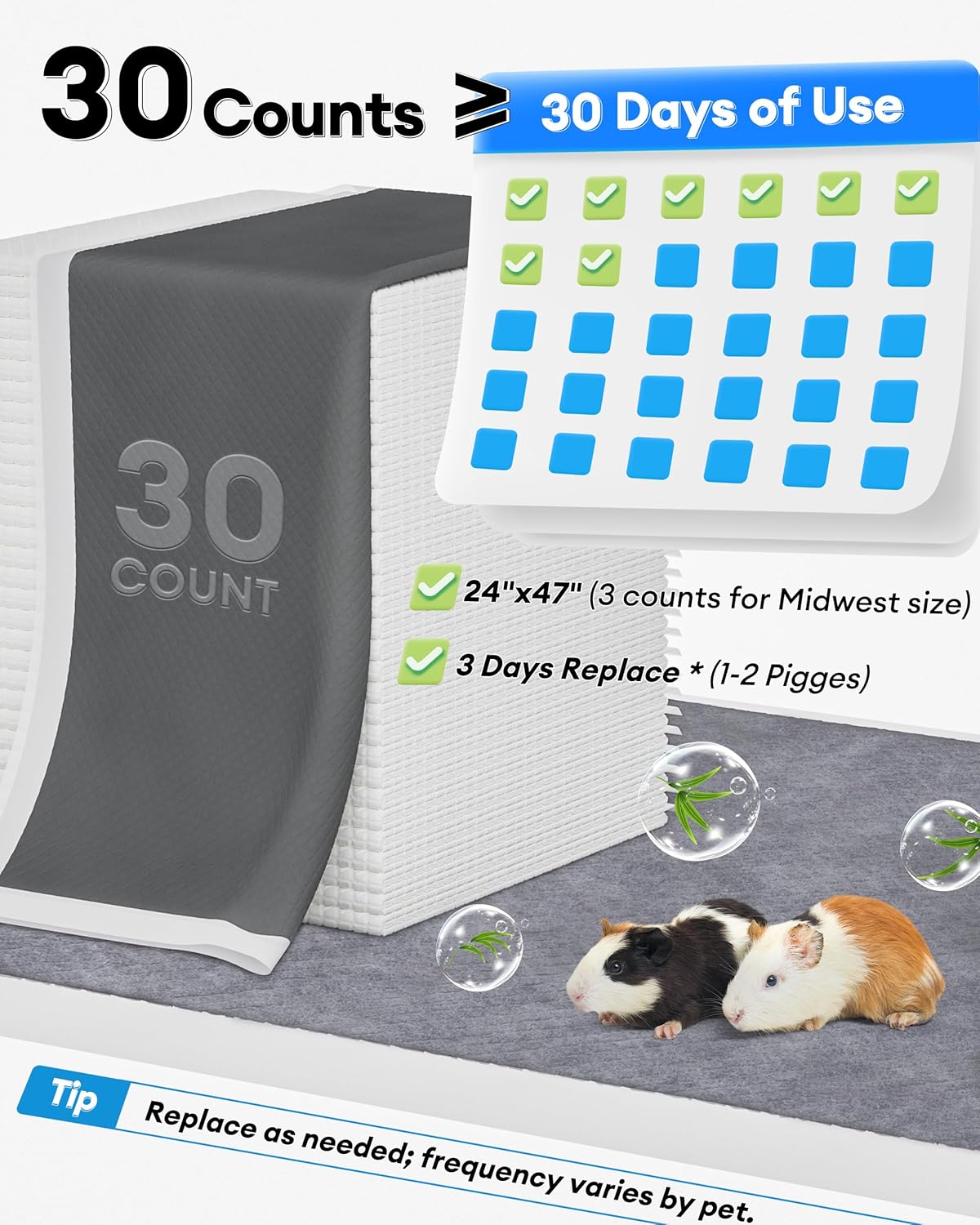 BUCATSTATE Disposable Guinea Pig Cage Liners 30 Count, Super Absorbent Guinea Pig Bedding, Bamboo Charcoal Odor Control Pee Pads for Rabbits, Ferrets and Birds (18''x24'')