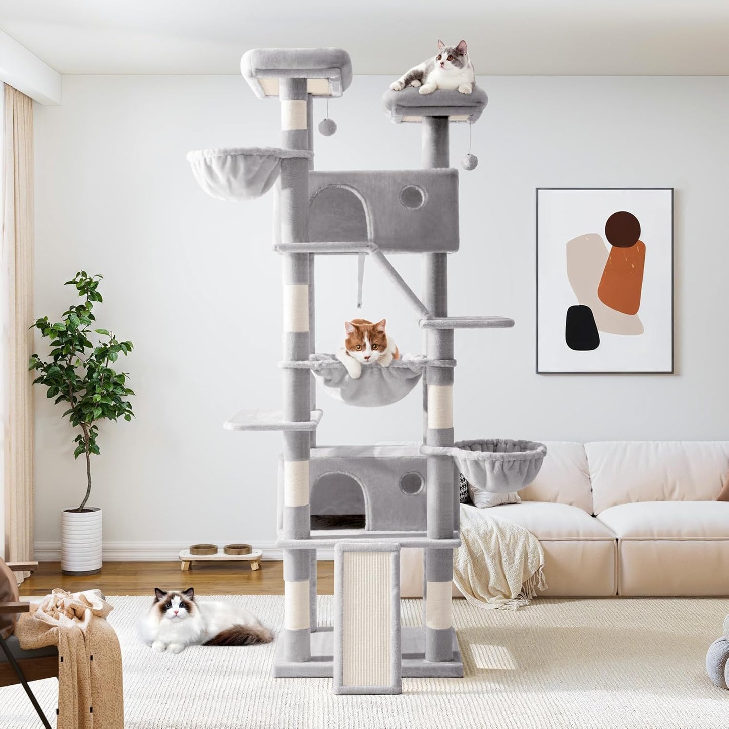 Allewie 81 Inches Tall Cat Tree/Multi-Level Large Climbing Tree House and Towers for Big Feline/Condo and Hammock/Scratching Post/Wide Base/Grey