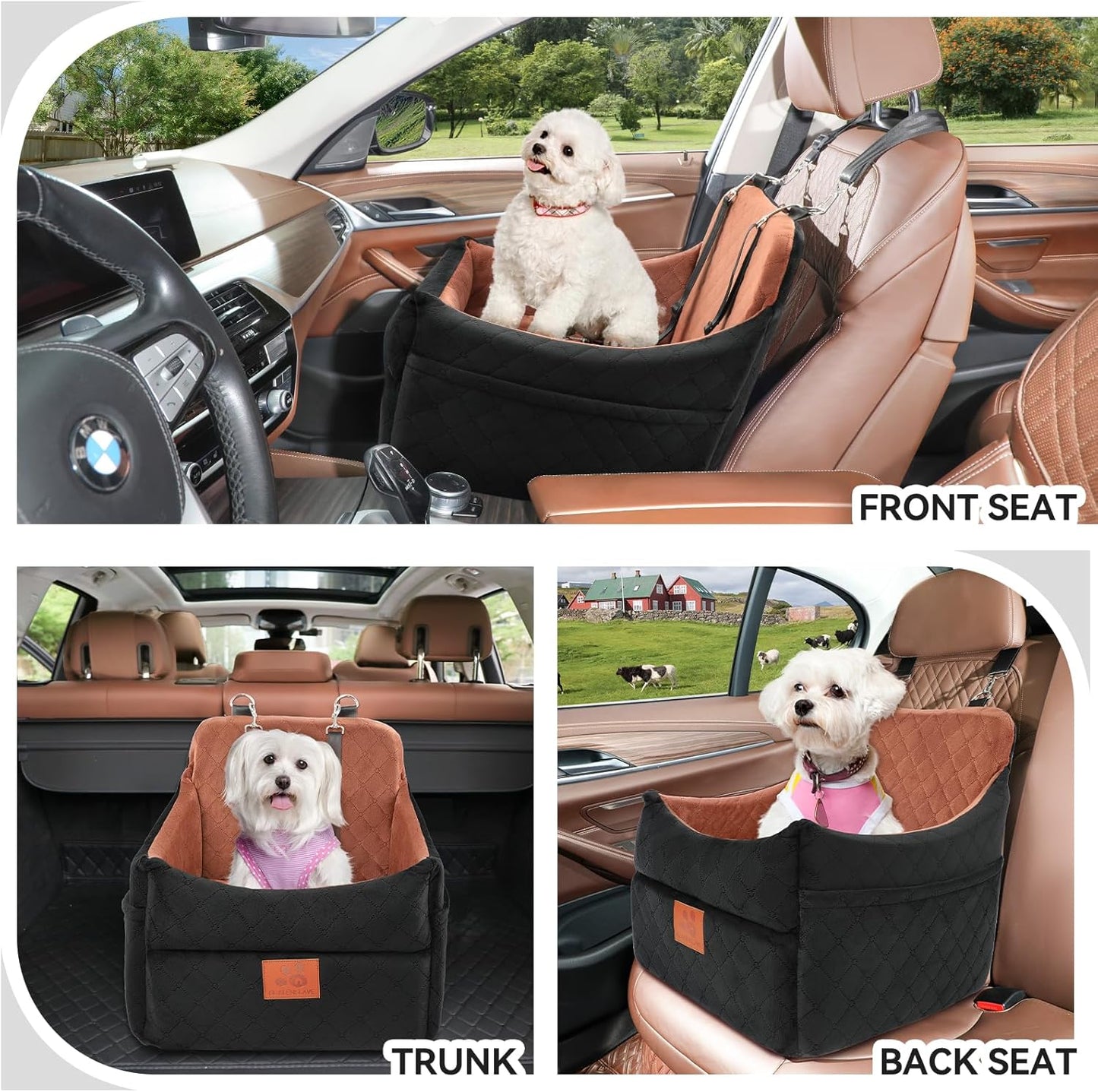 Dog Car Seat for Small/Medium Dogs, Dog Booster Car Seats with Thick Cushion for Dogs Under 35lbs, Detachable Washable Pet Car Seat with Storage Pockets, 2 Safety Belts(Black/Brown)