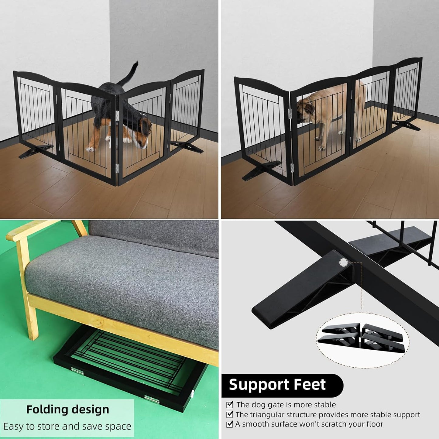 ZJSF Freestanding Dog Fence Indoor, Foldable Dog Gate for Doorways, Stairs or Hallways, Sturdy Wood Extra Wide Pet Gate with Support Feet for The House, Black, 32 "Height-4 Panels