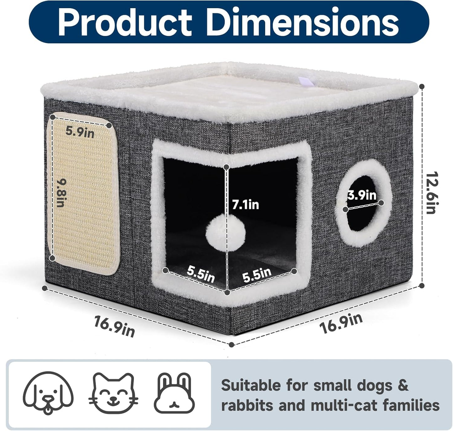 Cat Beds for Indoor Cats, Large Cat Cave with Cozy Condo, Fluffy Hanging Ball, Round Window, Foldable Indoor Cat House Hold Up to 30LBS, Cat Hideaway with Double-Sided Soft Cushions for All Seasons