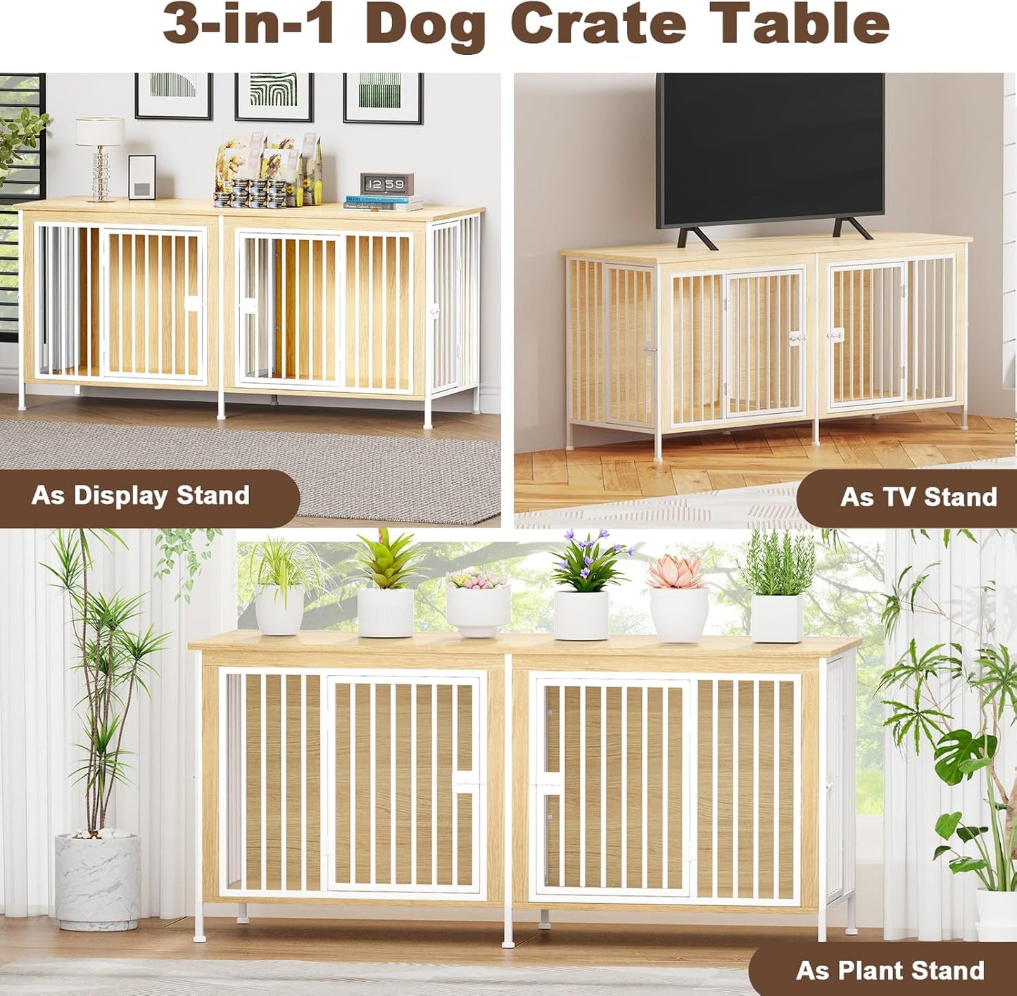 EasyCom 63" Dog Cage Furniture for 2 Pets with Divider, XL Wooden Double Dog Crate Furniture TV Stand for Mideum Breed, Durable and Sturdy