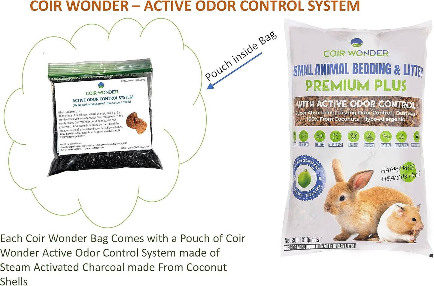 Small Animal Bedding – 20 Liter – Natural Coco Chip Substrate with Activated Charcoal Odor Control – for Chicken Coop, Rabbit Cage, Hamster Habitat, Reptile Terrarium & Snake Tank