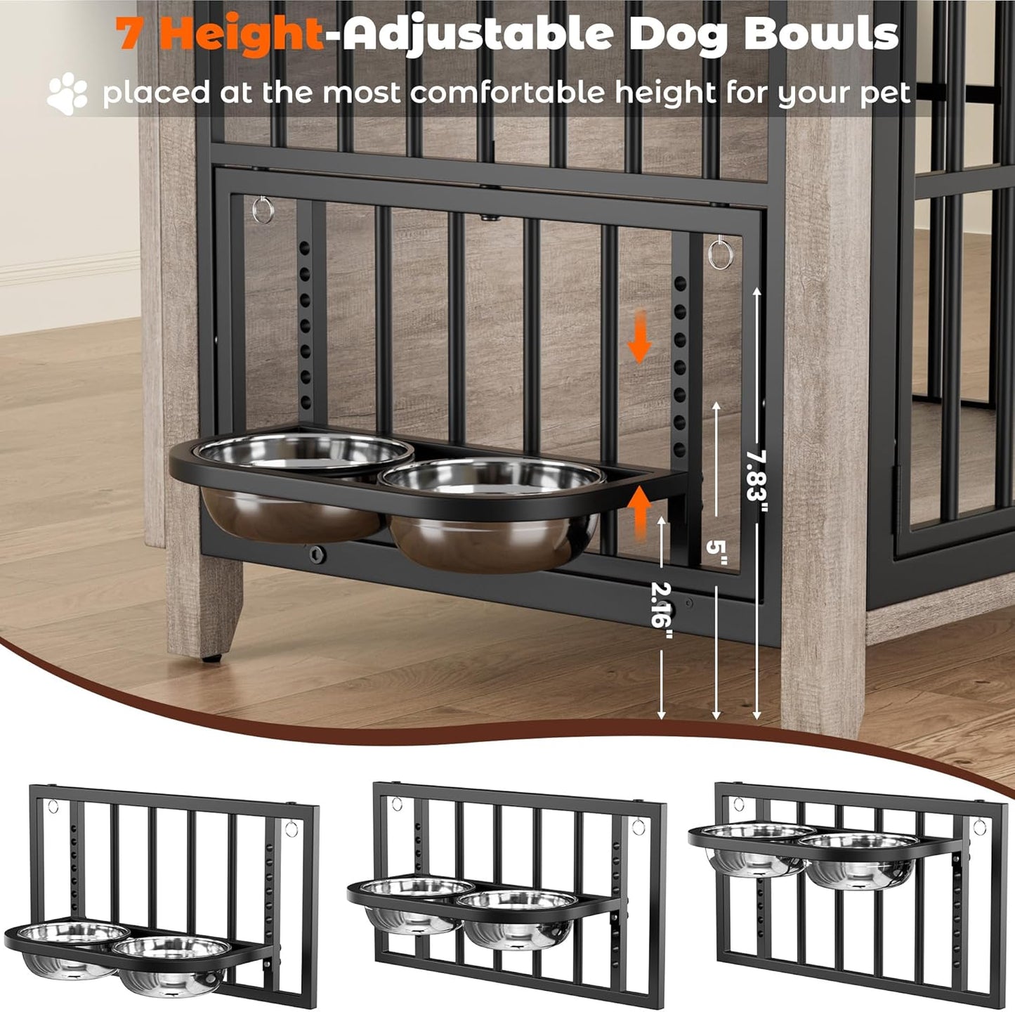 Lulive Dog Crate Furniture, Wooden Dog Kennel Indoor with Adjustable 360°& Height Dog Bowls, Double Doors Furniture Dog Crates End Table for Small/Medium 31.5" L*22.5" W*25.6" H, Grey