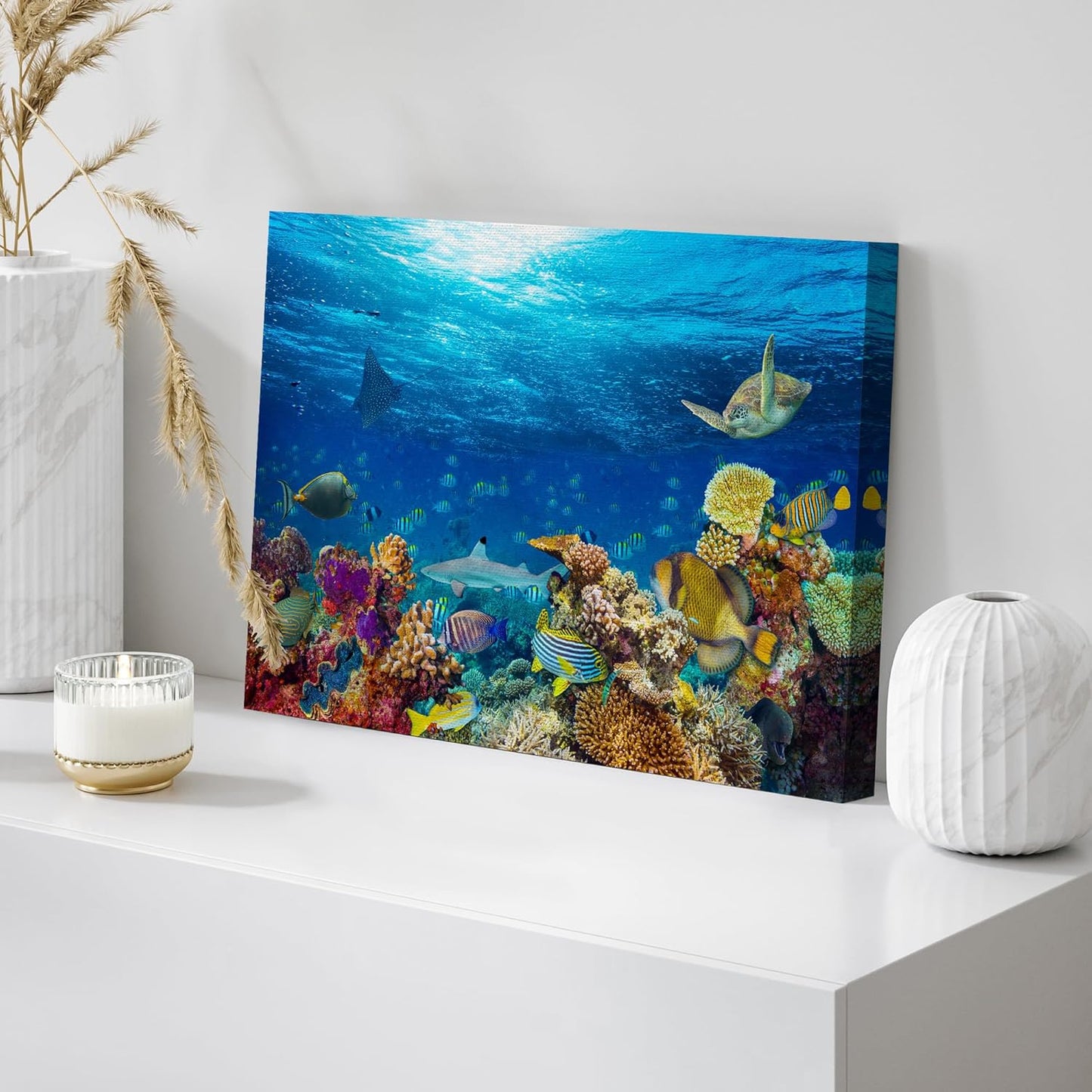wall26 Canvas Print Wall Art Vibrant Sunshine Ray Coral Reef Turtle Fish Nature Animals Photography Realism Rustic Scenic Landscape Wilderness Colorful for Living Room, Bedroom, Office - 32"x48"