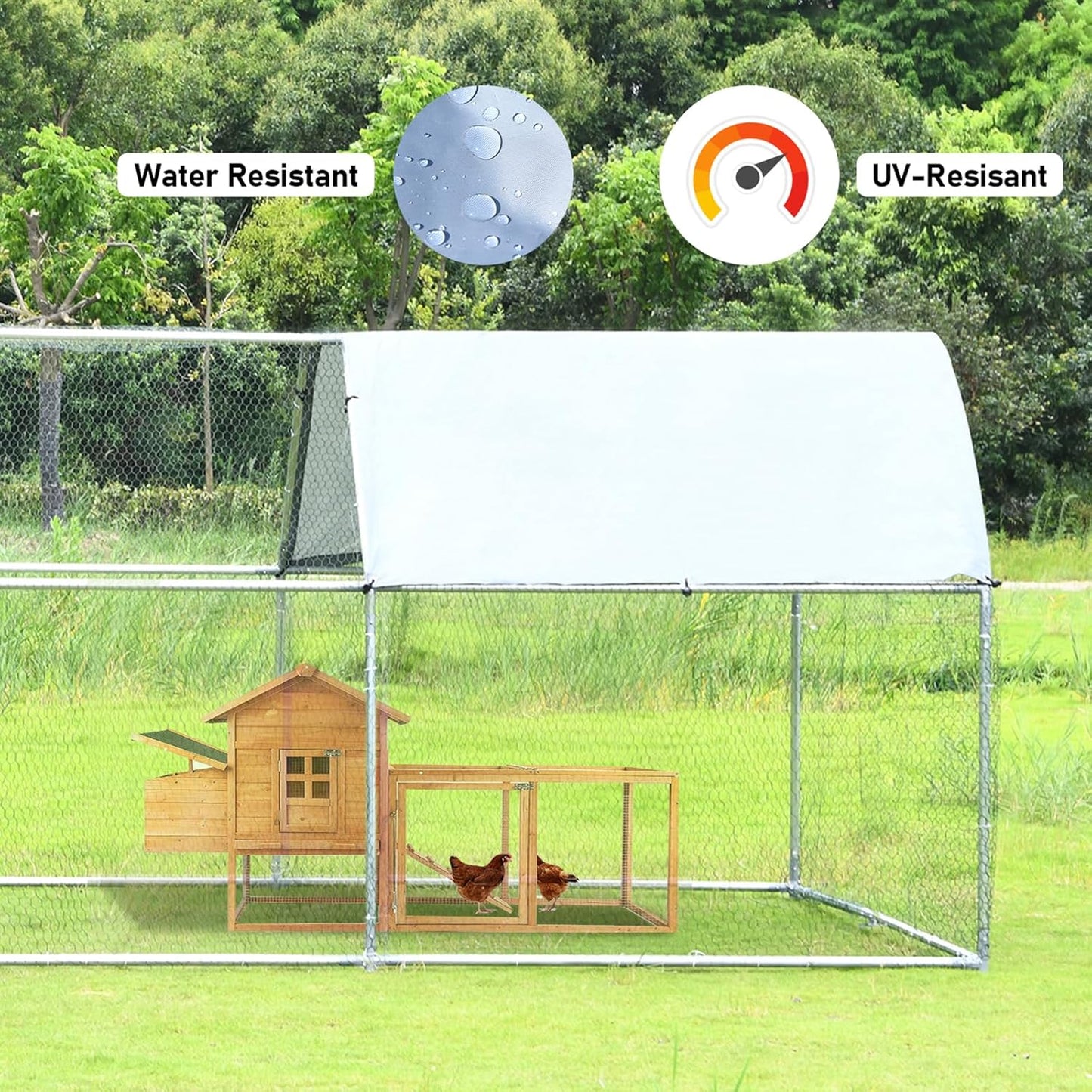 4ever2buy Large Metal Chicken Coop with Run Walk-in Poultry Cage Chicken Runs House Pen Cage Spire Roofed Chicken Coops with Anti-Ultraviolet Cover for Outdoor Backyard Farm Use 9.5’Lx24.9’Wx6.4’H