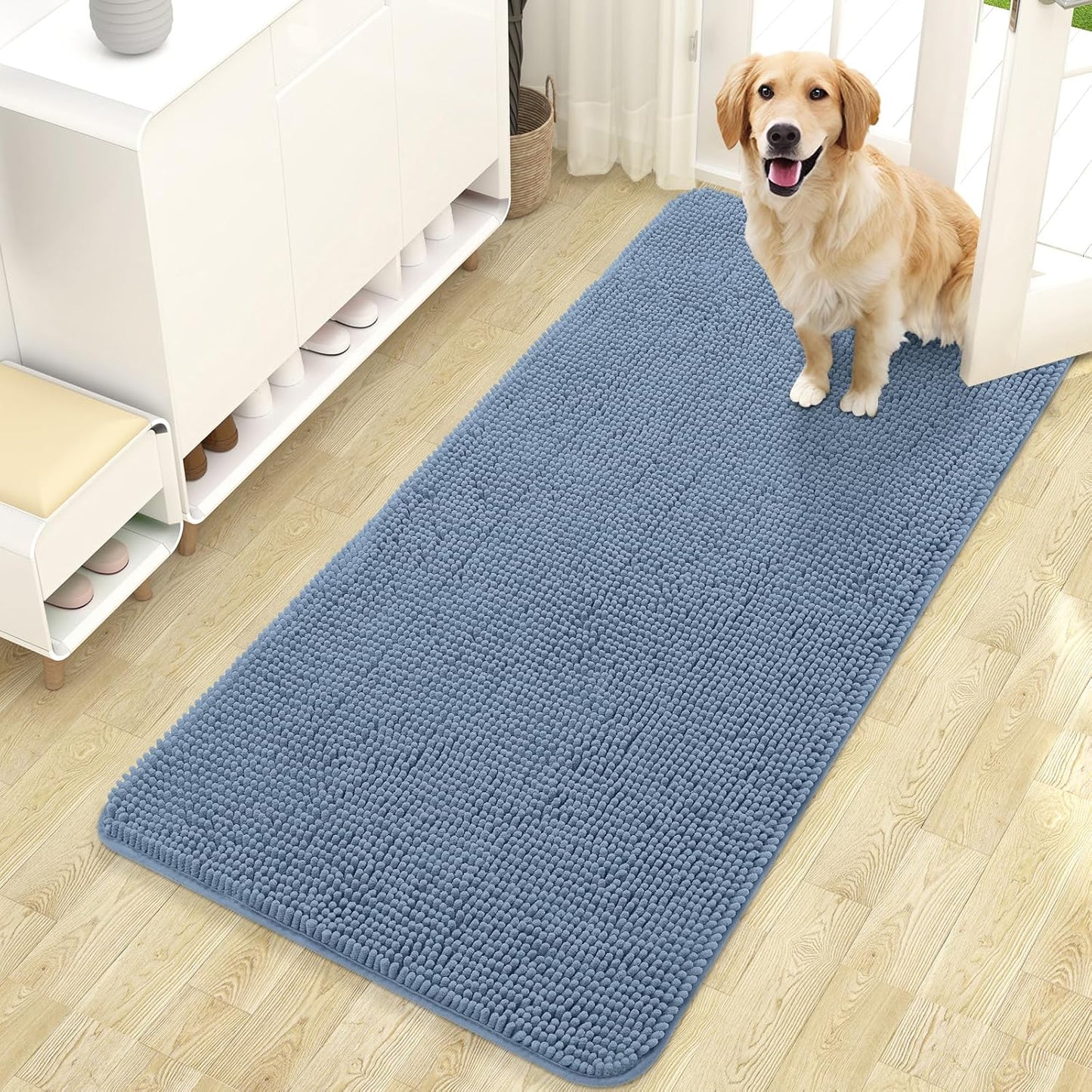 OLANLY Dog Door Mat for Muddy Paws 47x24, Absorbs Moisture and Dirt, Absorbent Non-Slip Washable Doormat, Quick Dry Chenille Mud Mat for Dogs, Entry Indoor Entryway Carpet for Inside Floor, Airy Blue