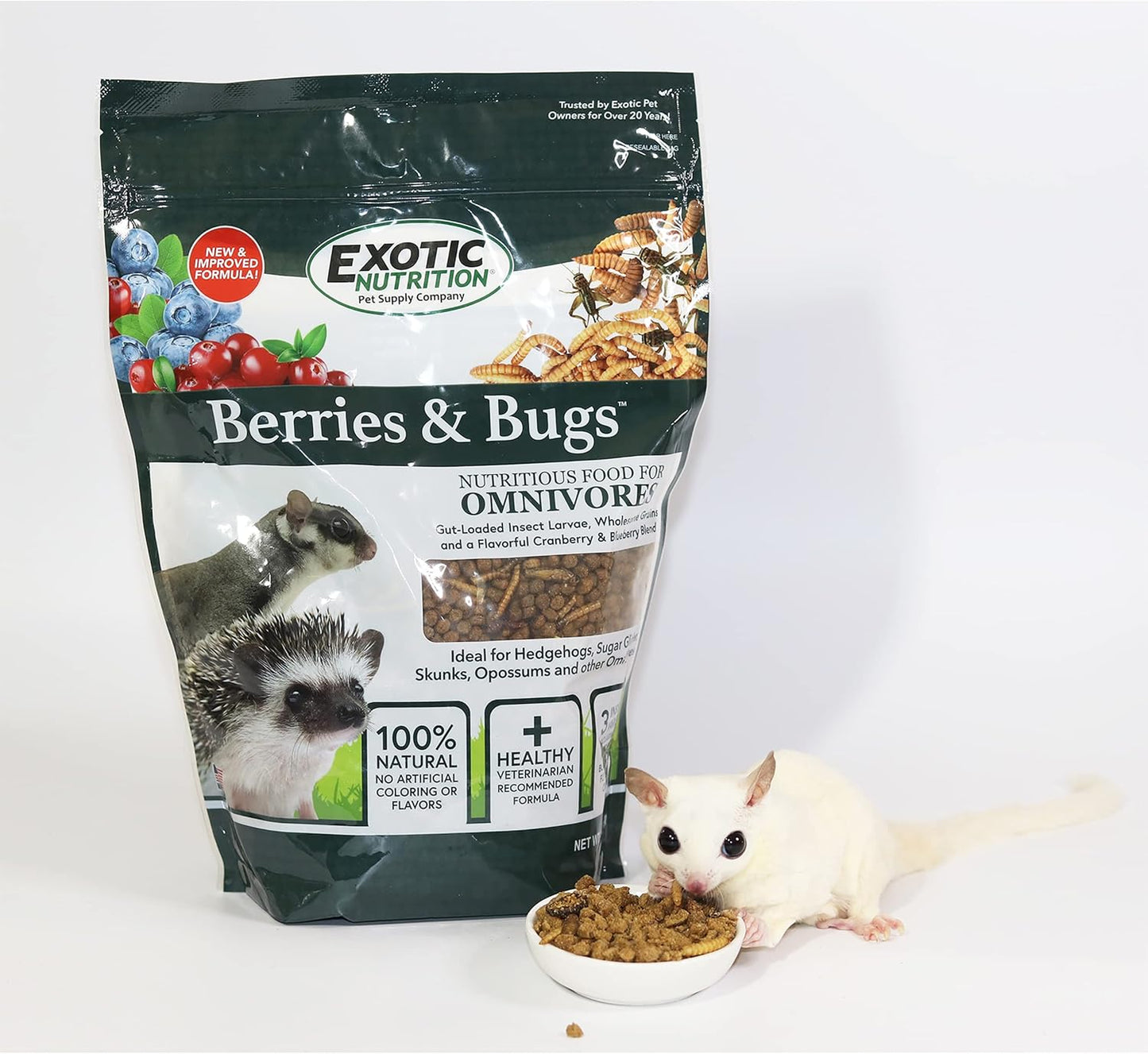 Berries & Bugs 3 lb. - All Natural High Protein High Fiber Insectivore Diet with Fruit, Gut-Loaded Insects, & Healthy Vitamins - Hedgehogs, Sugar Gliders, Skunks, Opossums & Other Insectivores