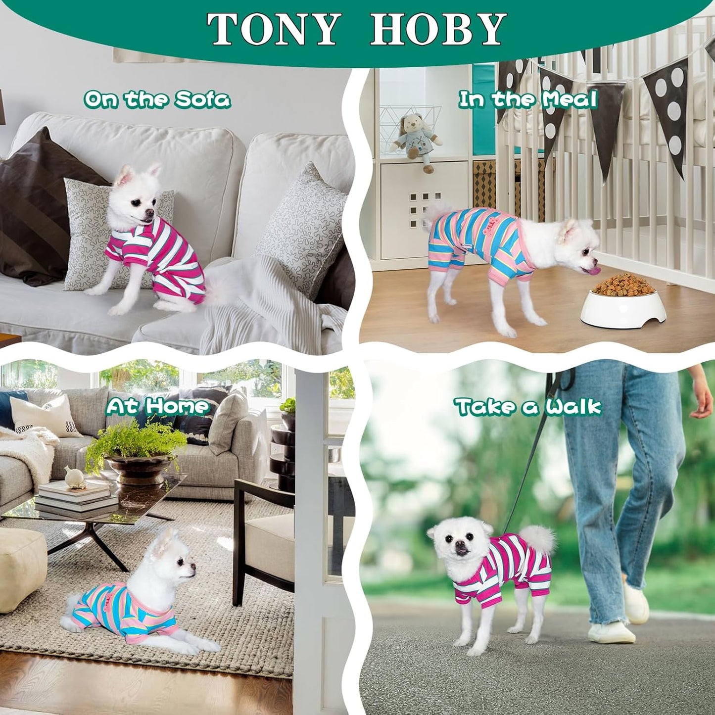 TONY HOBY Male Dog Pajamas, Dog Jumpsuit with Rose Red Stripe, Colorful Dogs Shirt for Small Medium Dogs (Rose Red&White, Boy, S)