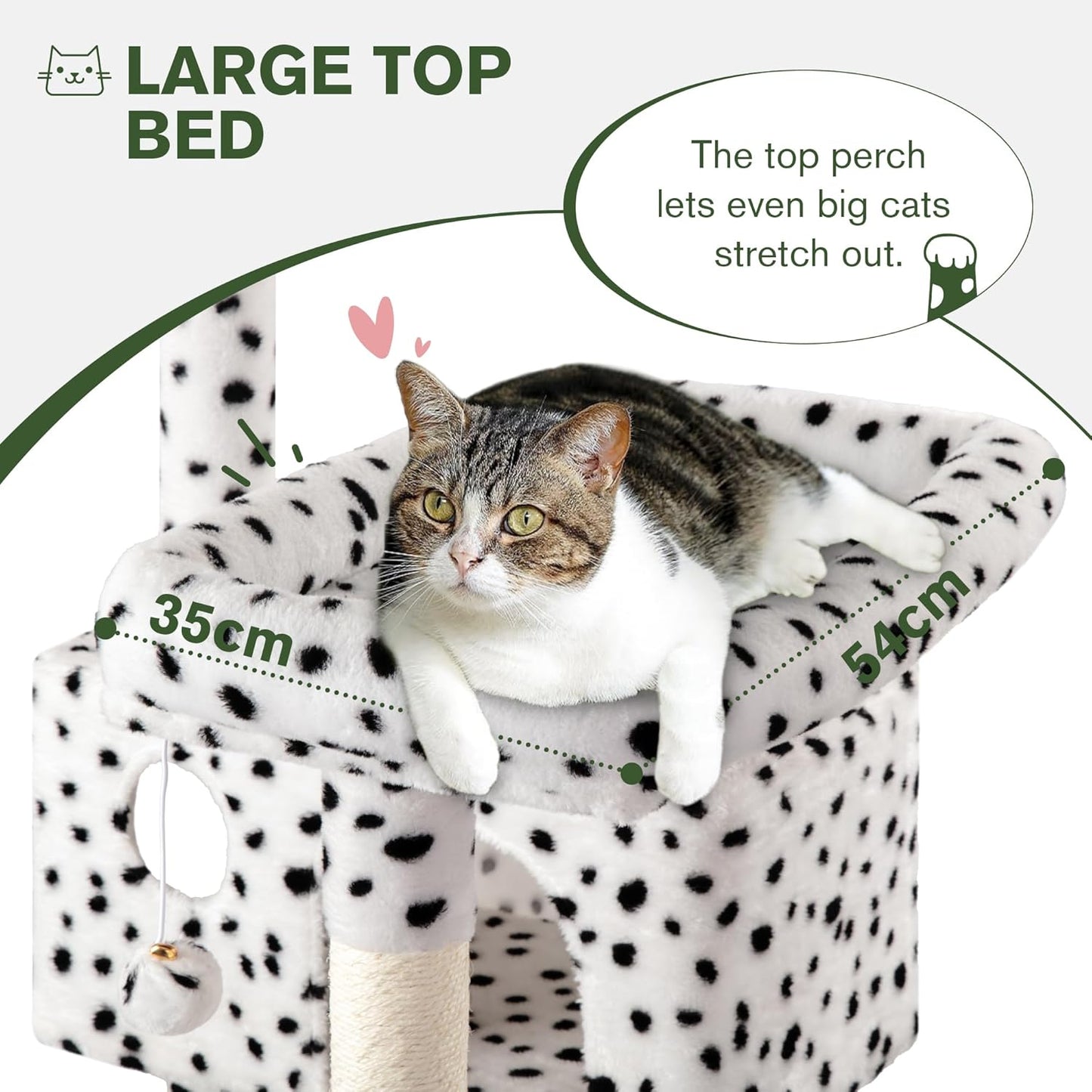 MUTICOR 66 Inches Multi-Level Large Cat Tree Tower for Indoor Big Feline/Cozy Plush Perches/Condo/Sisal Scratching Posts/Hammock and Baskets/Activity Center Play House/Wide Base/White & Black Spot