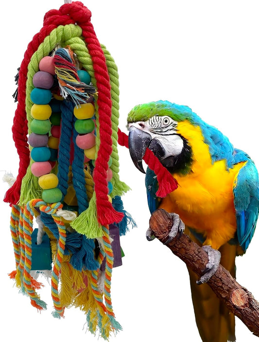 20.5 inch Parrot Chewing Toys - Wooden Block Tearing and Cotton Rope Toys for Medium Large Extra Large Parrot Conures African Grey Amazon Cockatoo and Macaw