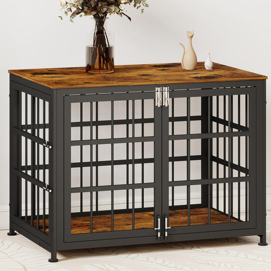 32 Inch Heavy Duty Wooden Dog Kennel End Table with Double Door Design and Secure Locks, Indoor Pet Crate Furniture for Medium Dogs, Decorative Home Cage Design,Aged Black