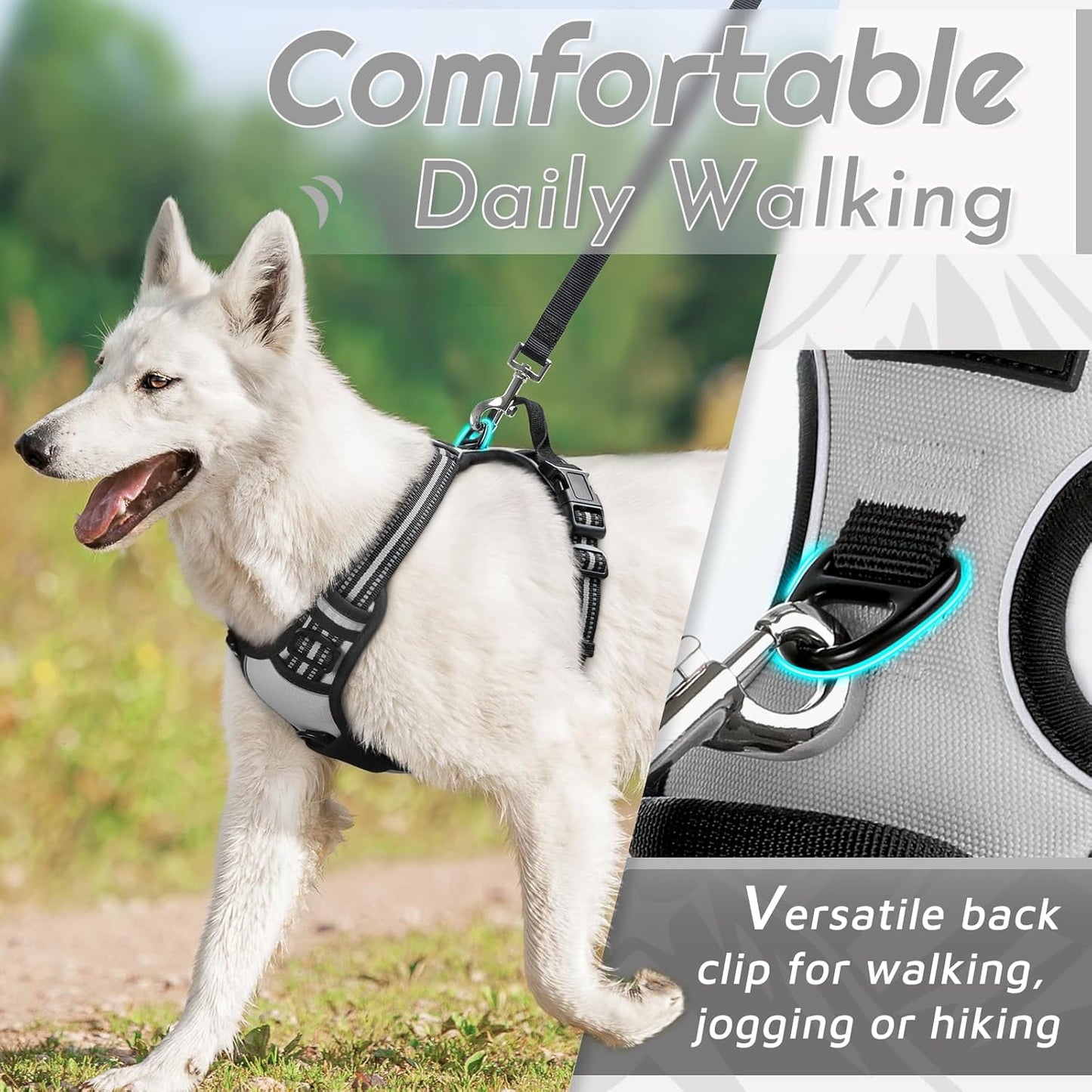 Eagloo Dog Harness Medium Sized Dog, No Pull Service Vest with Reflective Strips and Control Handle, Adjustable and Comfortable for Easy Walking, No Choke Pet Harness with 2 Metal Rings, Grey, M