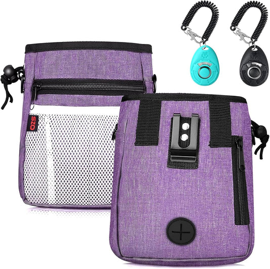 Dog Treat Pouch - 3 Ways to Wear Treat Pouches for Pet Training and 2 Pieces Clicker Taining for Dogs, Dog Training Treat Pouch Bag and Dog Clicker for Training with Waist Belt Shoulder Strap - Purple