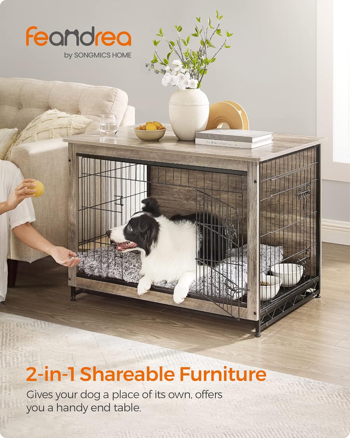 Feandrea Dog Crate Furniture, 38.6" Side End Table, Modern Kennel for Dogs Indoor up to 70 lb, Heavy-Duty Dog Cage with Multi-Purpose Removable Tray, Double-Door Dog House, Greige UPFC003G01