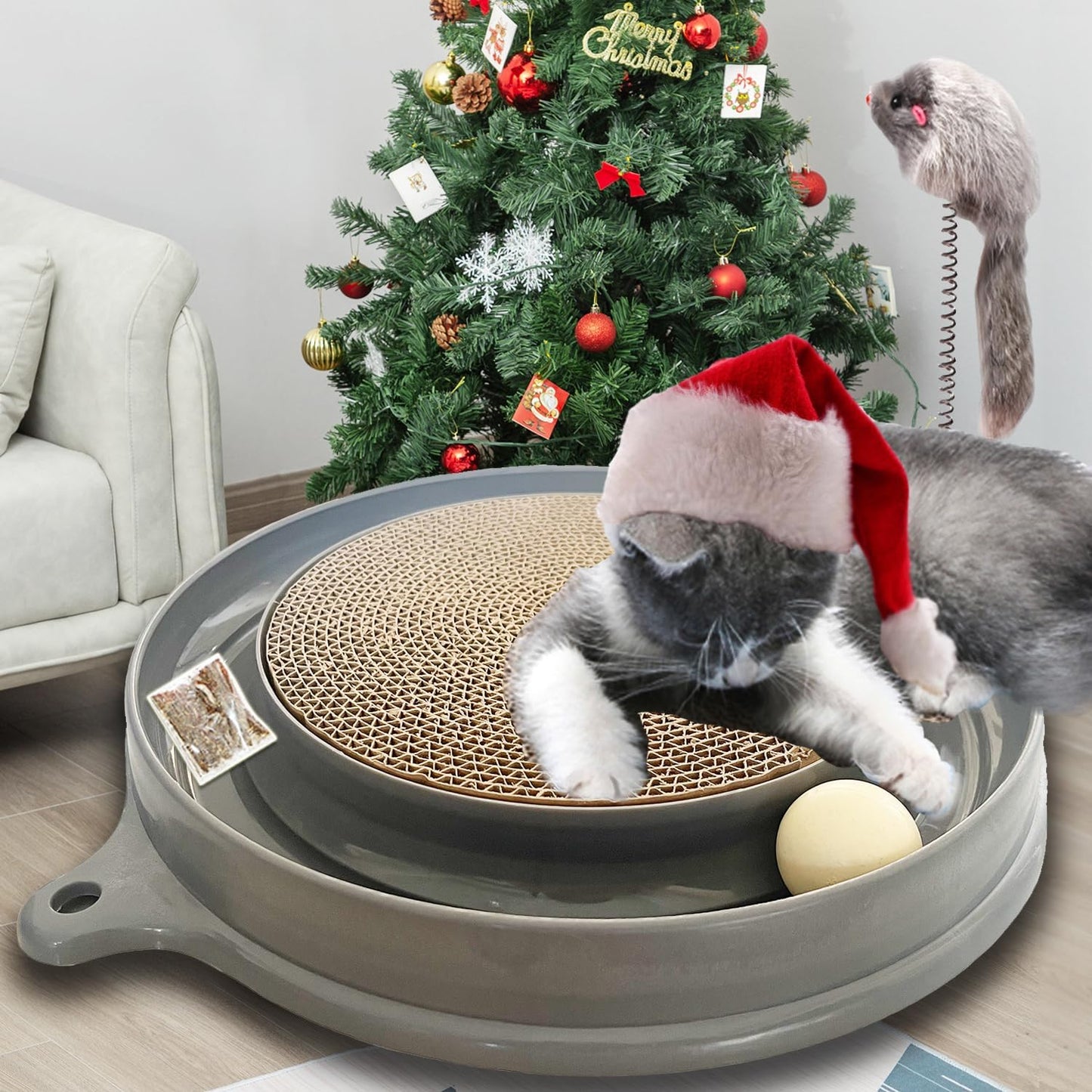 AUOON Cat Scratcher Toy - Cat Scratch Pad with Cat Toy Ball Track and Plush Mouse Toy for Indoor Cats and Kittens (Gray)