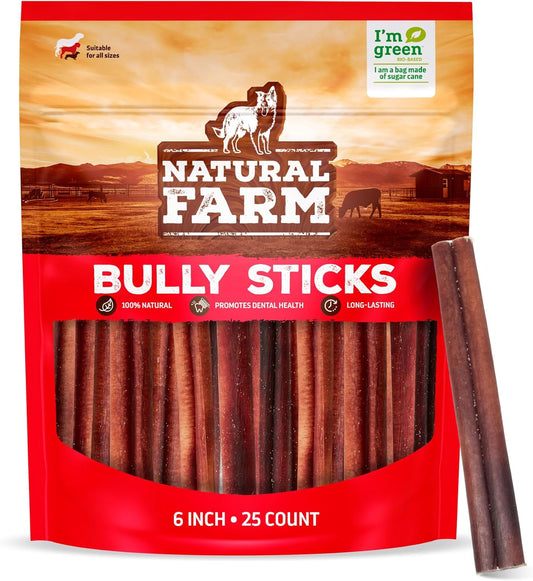 Natural Farm Odor-Free Bully Sticks (6 Inch, 25 count),1.3 lb. Bag, Fully Digestible 100% Beef Pizzle Chews,Grass-Fed, Non-GMO,Grain-Free, Natural Long-Lasting Chews for Small & Large Dogs. Pack of 25