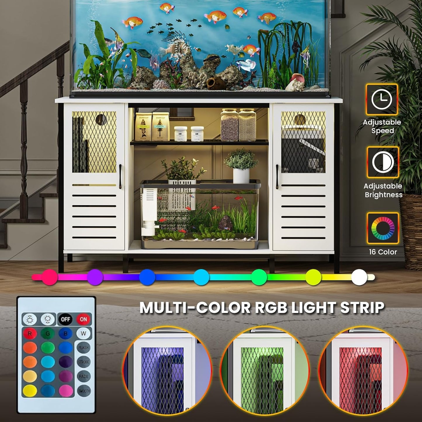 EAG 55-75 Gallon Fish Tank Stand with Power Outlets & LED Light, Heavy Duty Aquarium Stand with Adjustable Shelves, Turtle Reptile Terrarium Tank Stand with Cabinet, 1250LBS Capacity, White