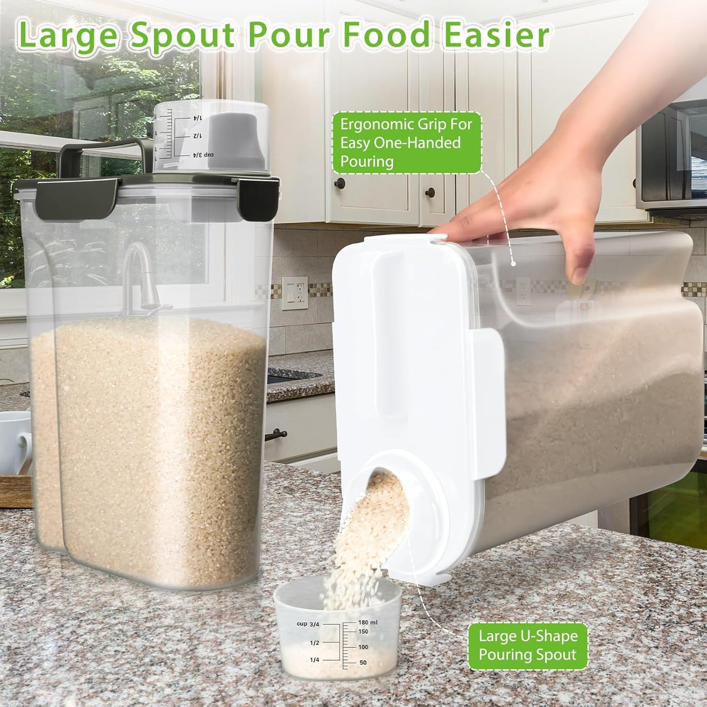 Rice Storage Container, 5 to 10lb Dry Food Airtight Dispenser, Pet Dog Cat Food Canister, BPA Free Clear Plastic Kitchen and Pantry Organization Bin for Oatmeal, Cereal, Pasta, Flour White