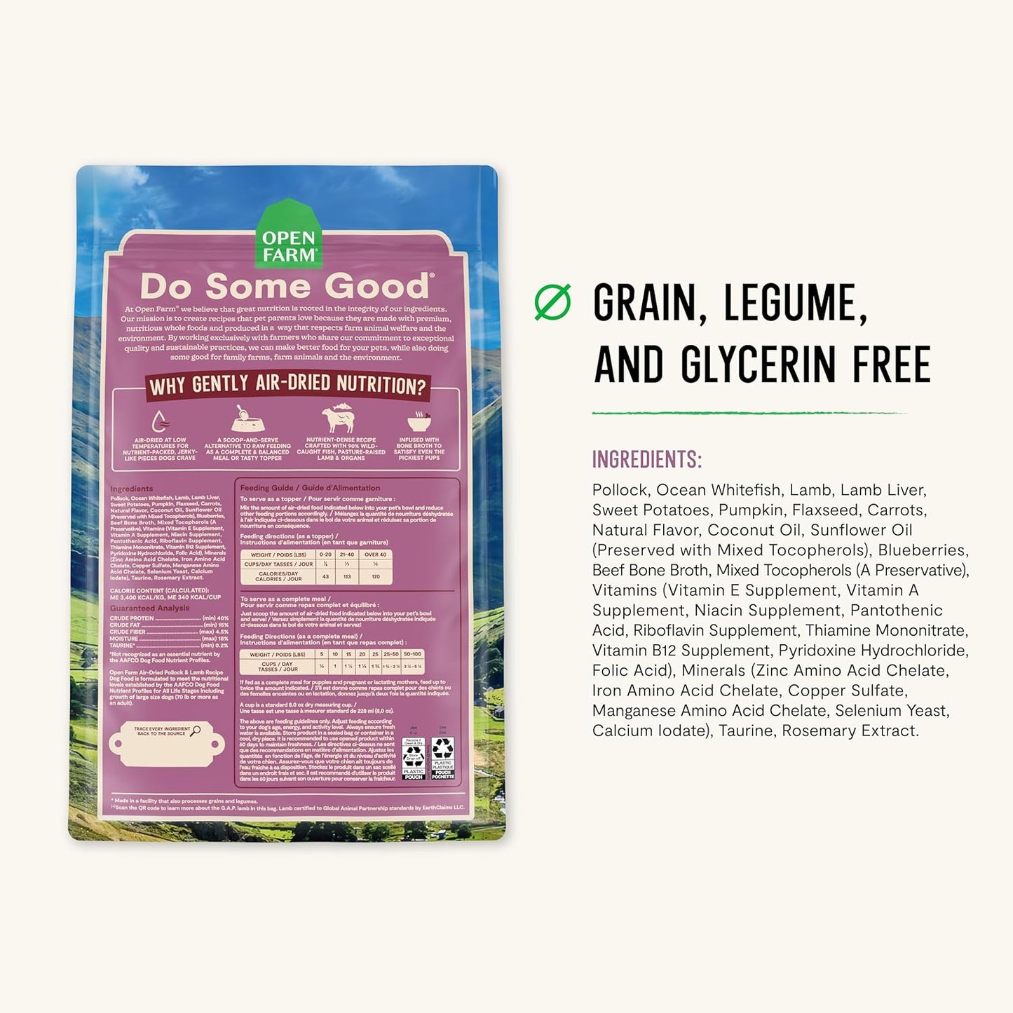 Open Farm, Air Dried Dog Food Infused with Bone Broth, Grain & Legume Free, Complete Meal or Food Topper, Pollock & Lamb Recipe, 1lb Bag