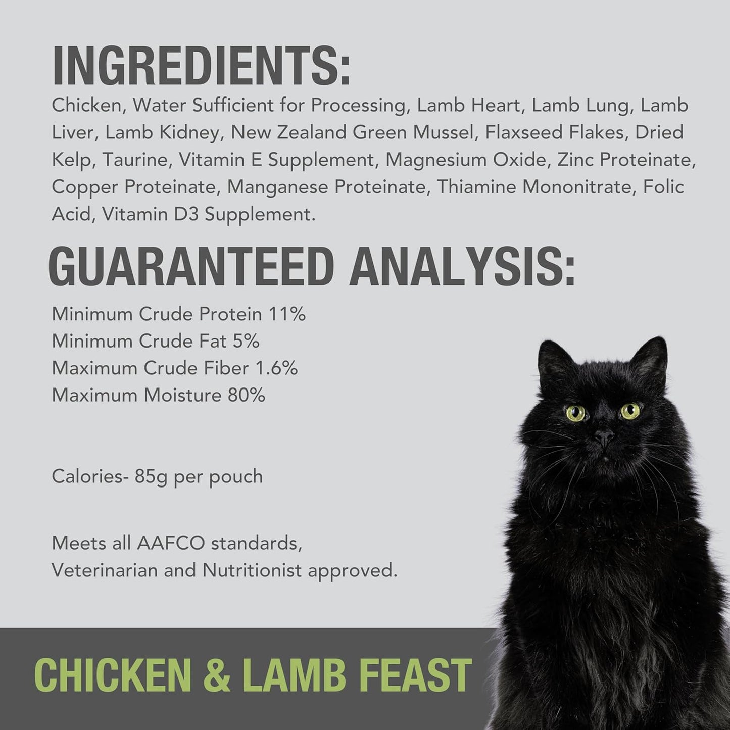 Feline Natural Wet Cat Food Pouch - Chicken & Lamb Feast, Grain-Free, Cage-Free & Grass-Fed, New Zealand Made, Single Serve Pate, 3oz, 12 Pack