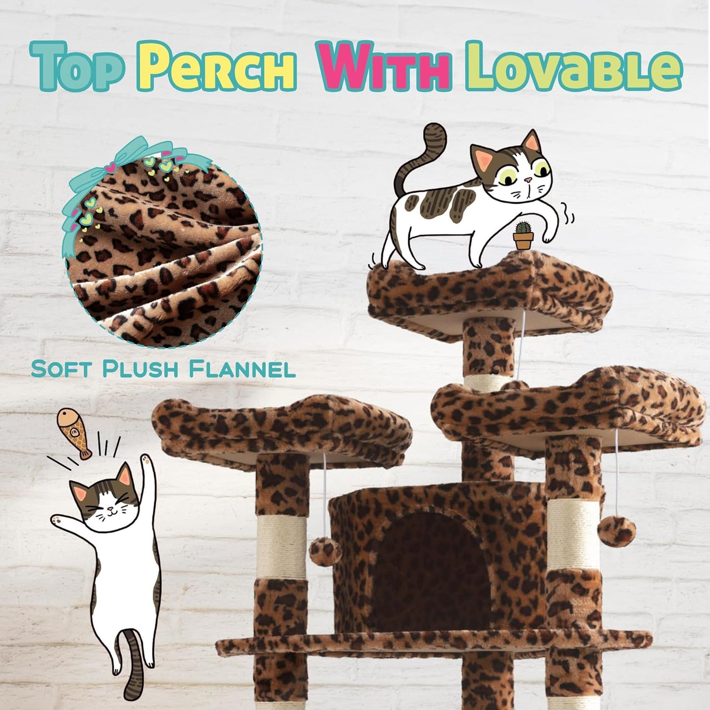 SHA CERLIN 73in Fan-Shaped Corner Cat Tower for Save Space/Multi-Level Tall Cat Tree for Indoor Kitties/Condo with Baskets/Cozy Perches/Sisal Scratching Posts/Pet Activity House/Leopard Print