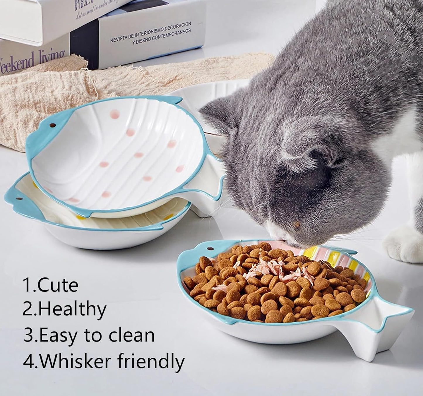 Double Whisker Friendly Ceramic Cat Food Dishes, Cute Shallow Anti Whisker Fatigue Wide Cat Bowl for Indoor Cats, Whisker Relief Flat Cat Plates for Wet Food, Small Pet Kitten Feeding Dish