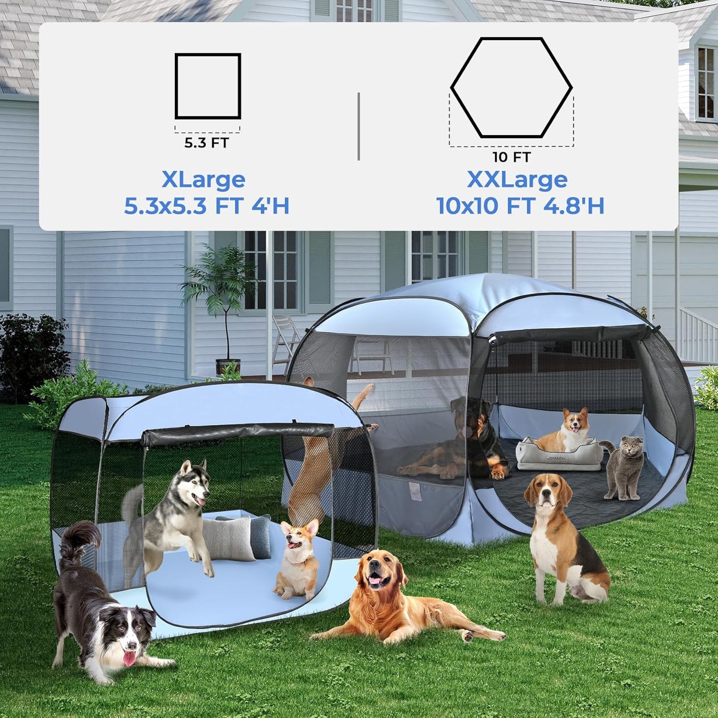 EighteenTek XLarge Popup Portable Dog Houses, 5.3'x4'H Assembly-Free Gazebo-Style Dog Cot Cat Playpen Screen Pet Tent Sun Shade Shelter Dog Bed with Canopy for Outdoor, Anti-Bugs with Leakproof Bottom