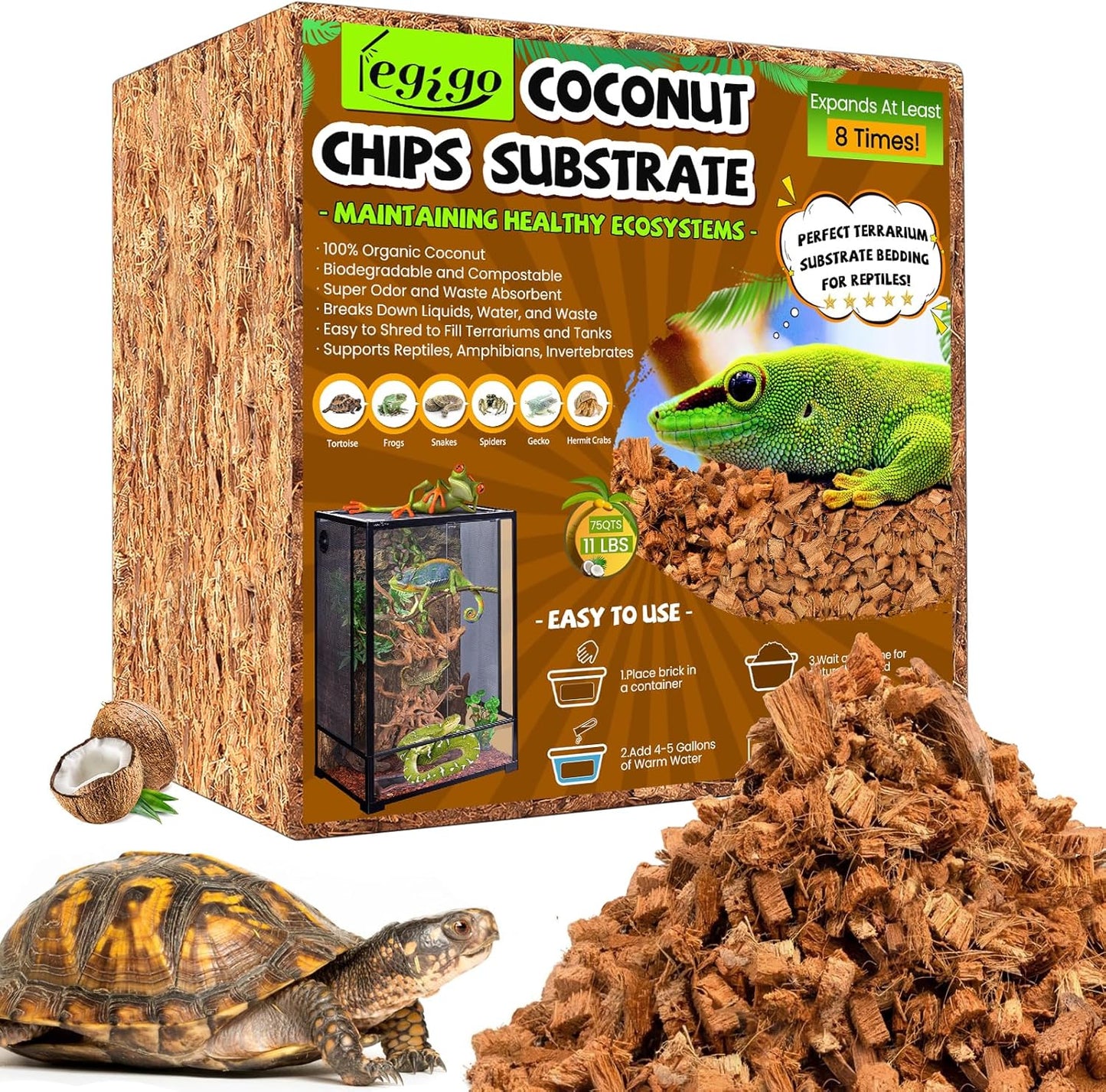 Legigo 10LBS Coconut Chip Substrate for Reptiles, 72QT Natural Coco Husk Chip Reptiles Bedding, Compressed Coconut Chip Substrate for Snake, Tortoise, Ball Python, Gecko, Lizard Terrarium Tanks