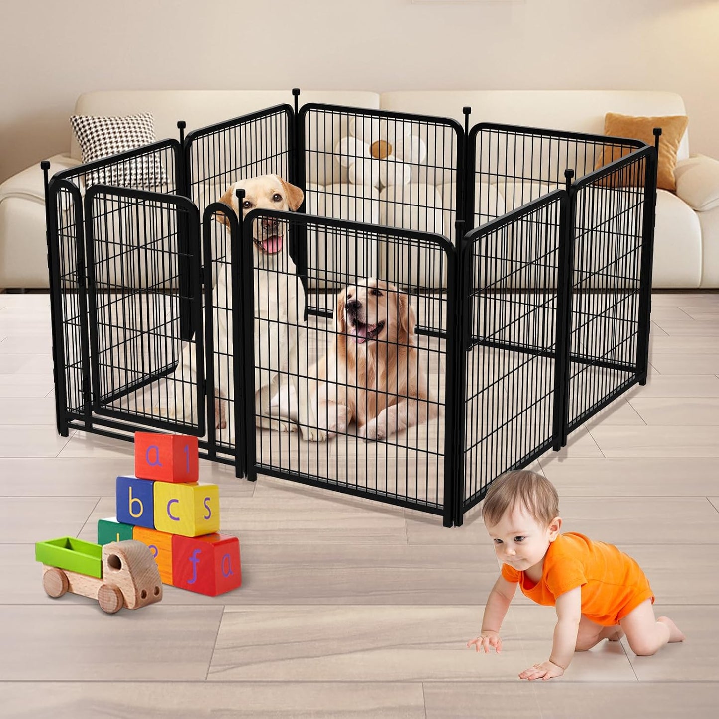 Dog Playpen 48inch 12 Panels, Puppy Playpen Indoors, Dog Fence Outdoor for Yard, Wide Door Low Threshold Garden Fence for Medium/Large Pets. Black Dog Pens Total 26.6 Ft(L)