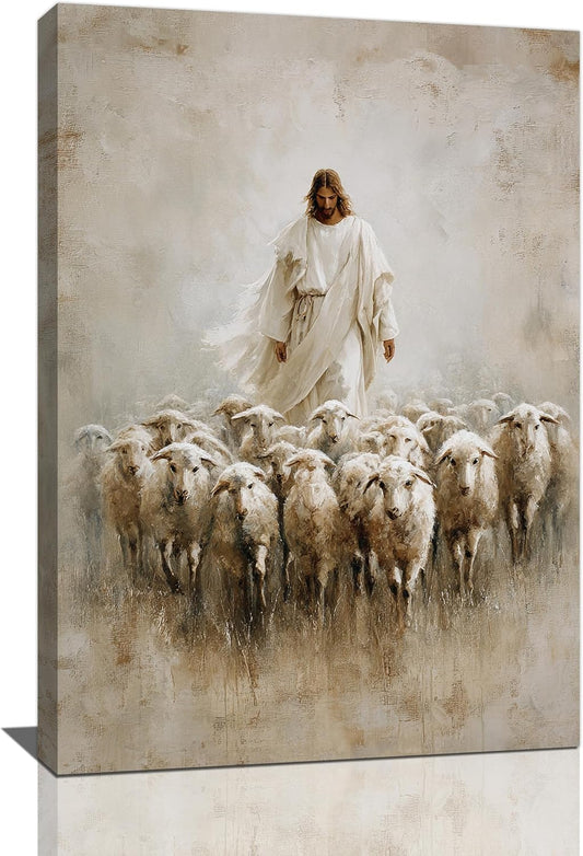 Jesus and Lamb Wall Art Christian Jesus Lamb Canvas Wall Decor Christ Religious Pictures painting Print Framed Artwork Decorations Gifts for Living Room Bedroom Prayer Room Church 16"x24"