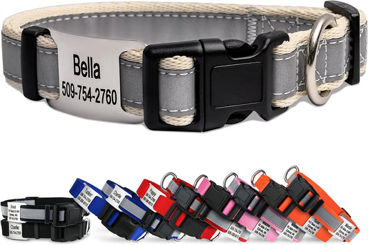 GoTags Reflective Personalized Dog Collar with Nameplate, Adjustable Dog Collar with Custom Engraved Steel Slide On Pet ID Tag, Silent, No Noise Dog Tag for Large Medium or Small (Beige, Medium)