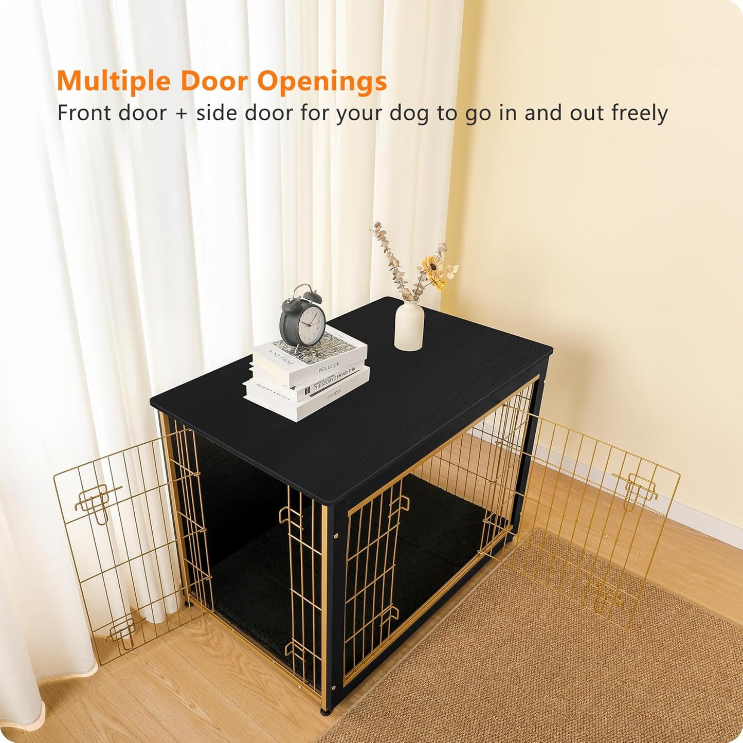 DWANTON Dog Crate Furniture with Cushion, Wooden Kennel Table with Double Doors, Indoor Dog House, Large Size, 38.5" L, Black+Gold