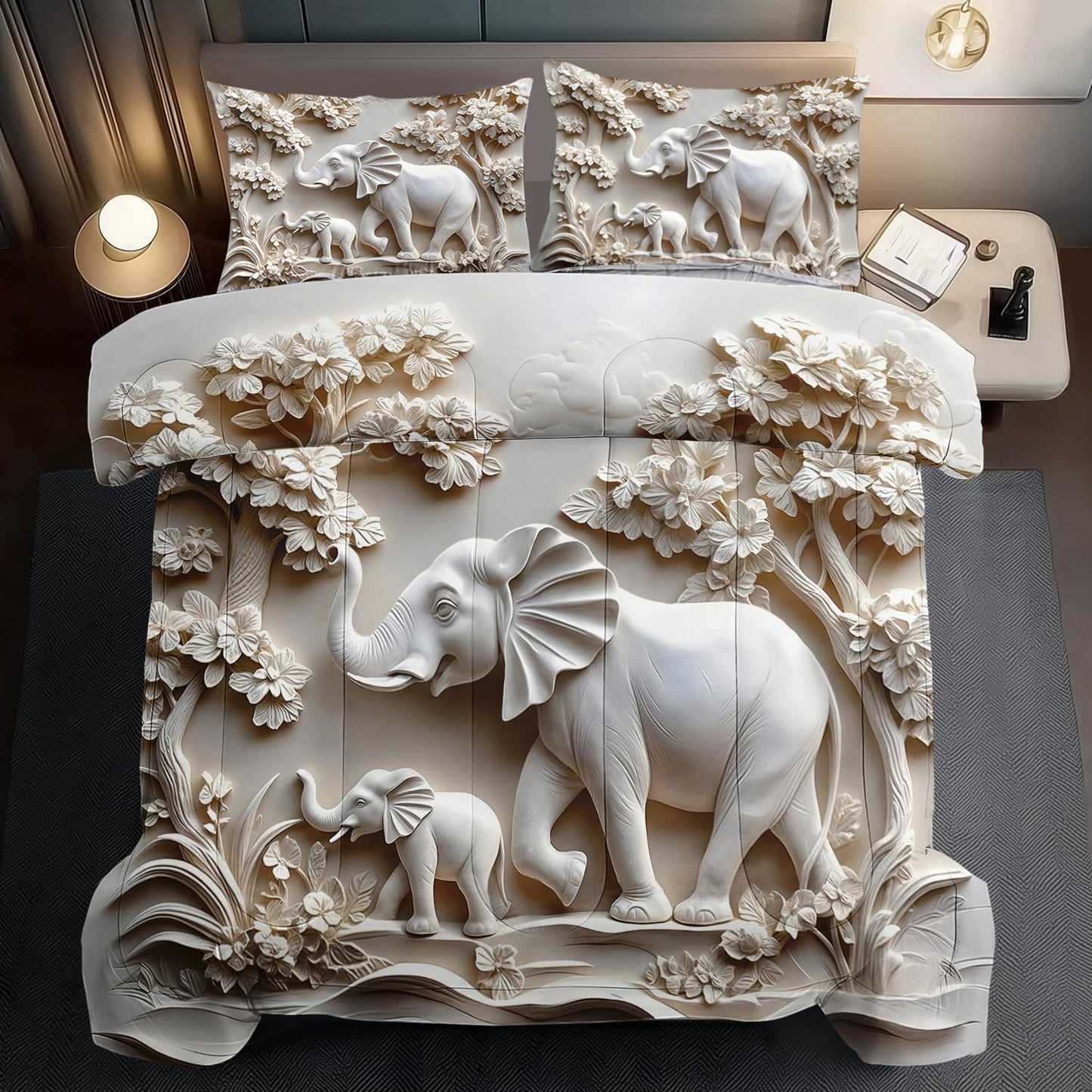 Elephant Comforter Set Full Adult, White Animal Bedding Set Full for Man, Cute Animal Comforter for Kids,Elephant Quilt Pattern White Bedroom Decor Womens, Relief Bedding