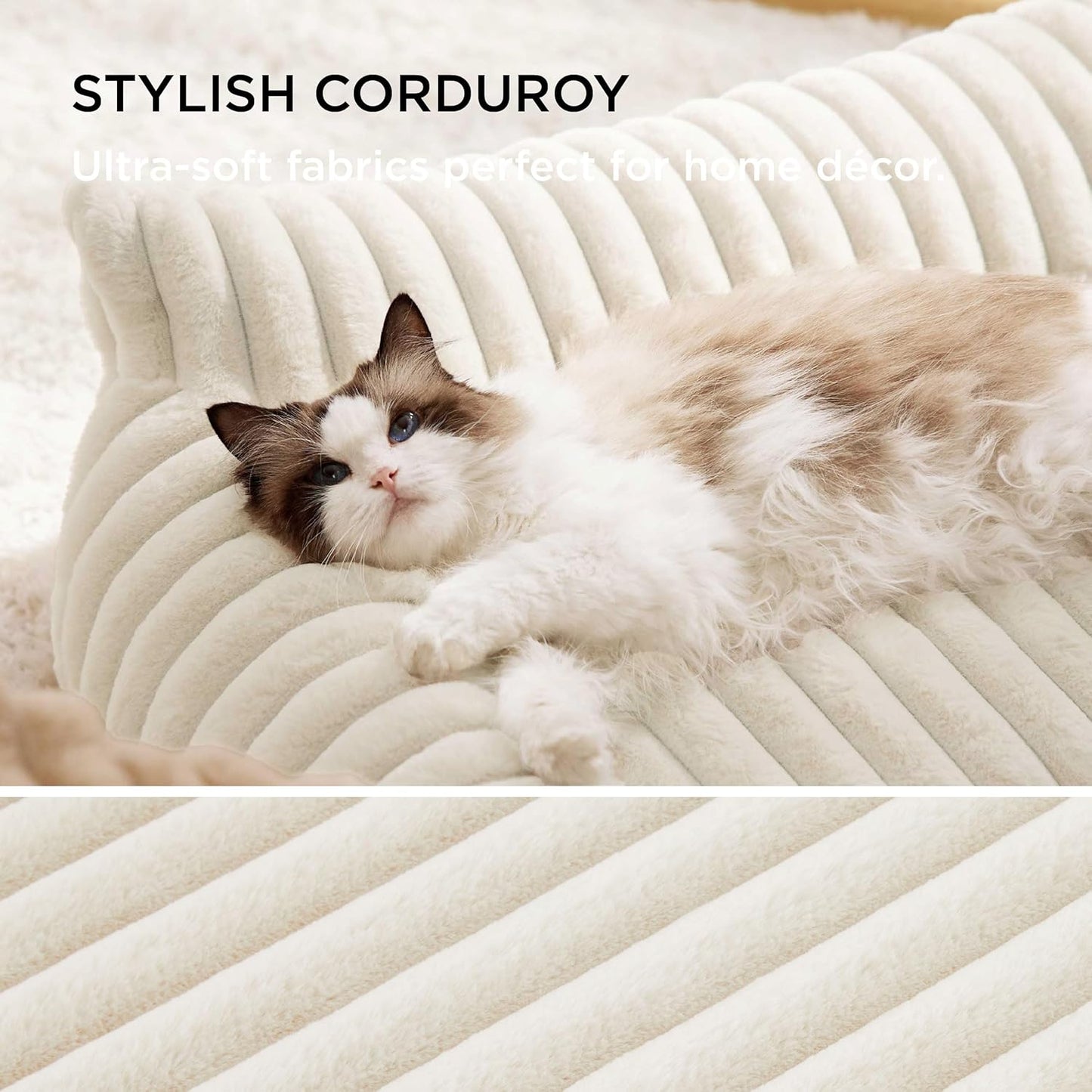 Bedsure Cute Cat Couch for Pets - Fluffy Dog Bed Medium Size Dog with Premium Soft Corduroy Fleece, Pet Sofa with Removable Washable Cover, Supportive Couch Bed for Small Medium Dogs, 30inch, Cream