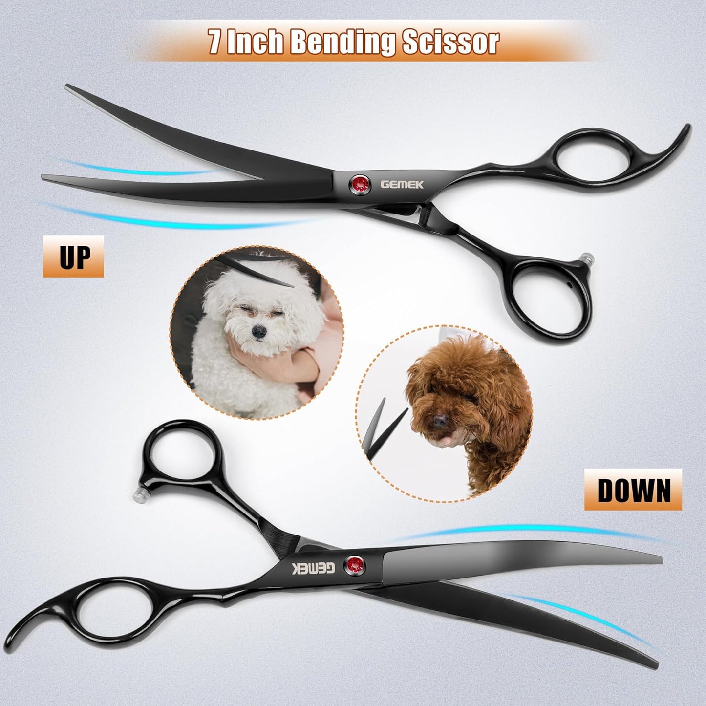 7.0in Titanium Professional Dog Grooming Scissors Set, GEMEK 6 in 1 Straight & Thinning & Upwards Curved & Downwards Curved Scissors & Comb for Dogs, Cats and Other Animals (Black)