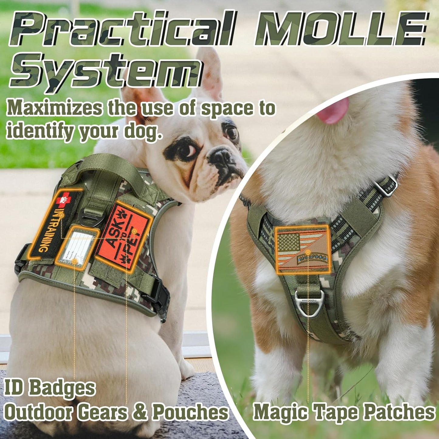 rabbitgoo Tactical Dog Harness for Large Dogs, No Pull Military Service Vest with Handle & Molle, Easy Control for Training Walking, Adjustable Reflective Straps, Green camo, XL