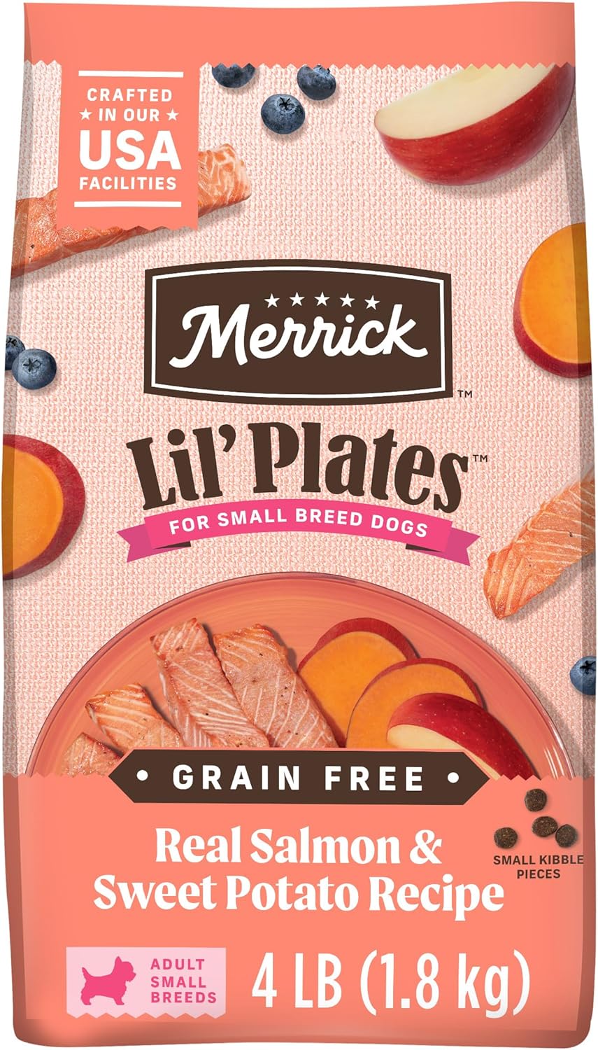 Merrick Lil’ Plates Premium Grain Free Dry Dog Food for Small Dogs, Real Salmon and Sweet Potato Kibble - 4.0 lb. Bag
