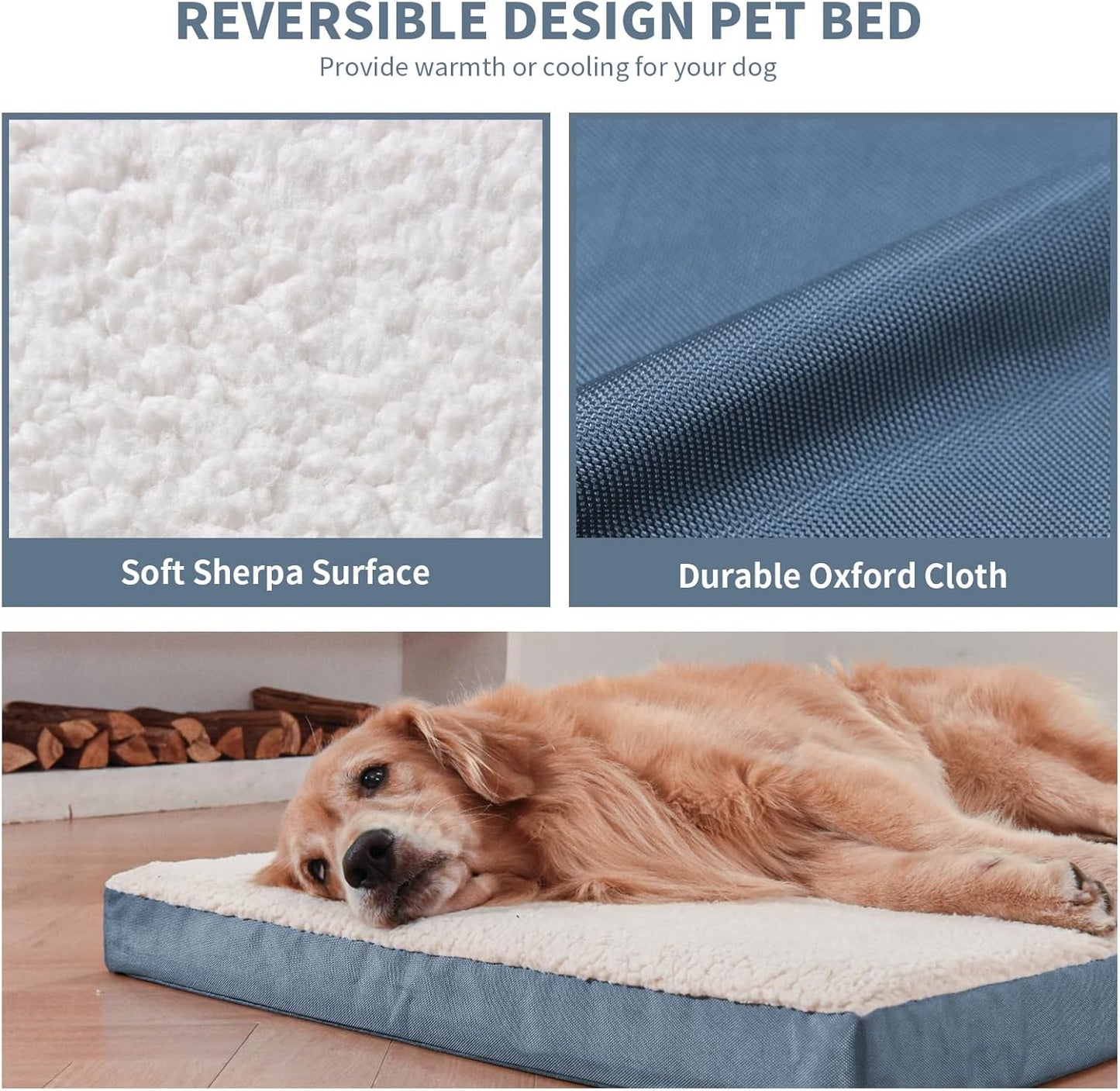 Orthopedic Dog Bed for Large Dogs - Pet Bed with Removable Washable Cover, Large Waterproof Dog Bed for with Egg Crate Foam, Blue White