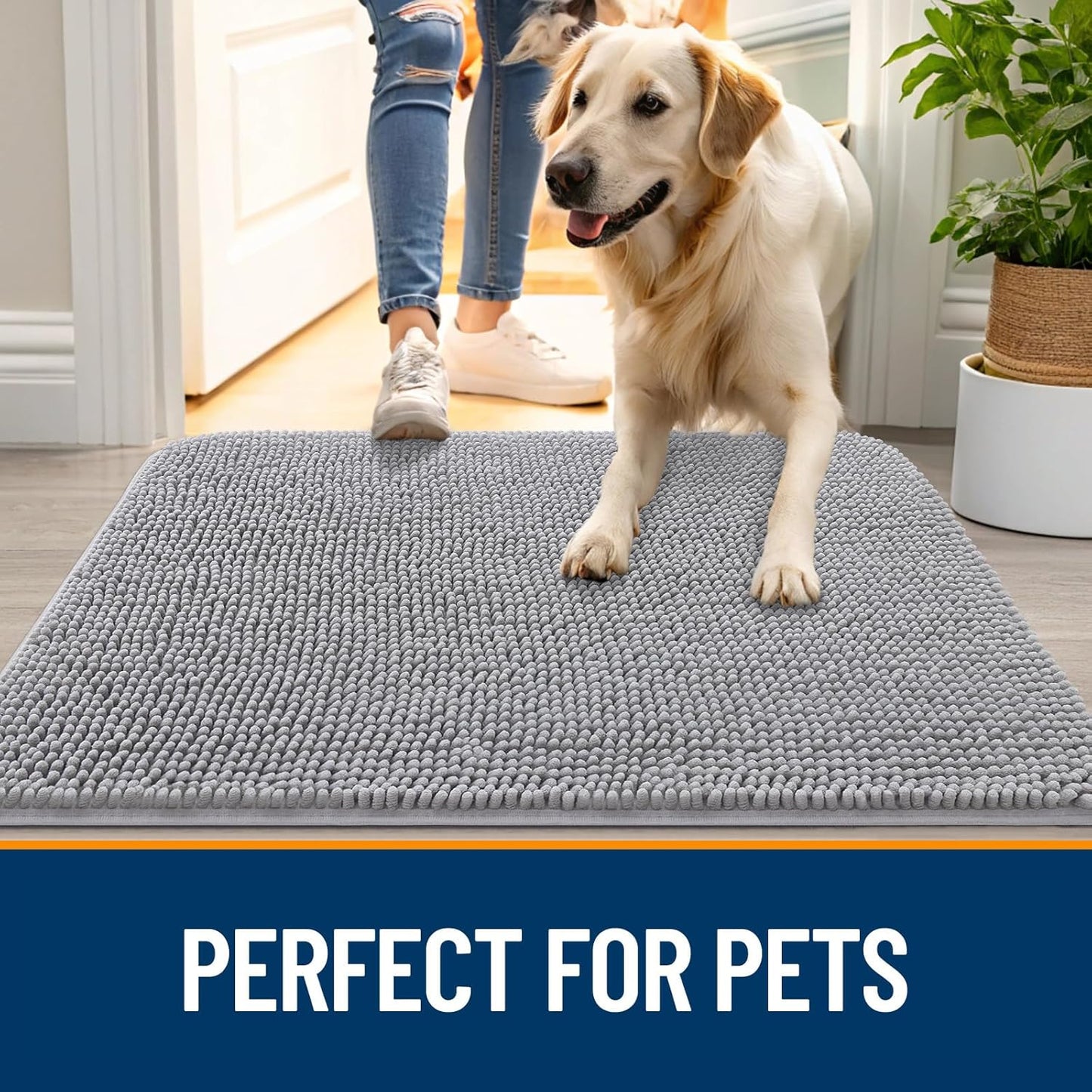 OLANLY Dog Door Mat for Muddy Paws 40x24, Absorbs Moisture and Dirt, Absorbent Non-Slip Washable Doormat, Quick Dry Chenille Mud Mat for Dogs, Entry Indoor Entryway Carpet for Inside Floor, Light Grey