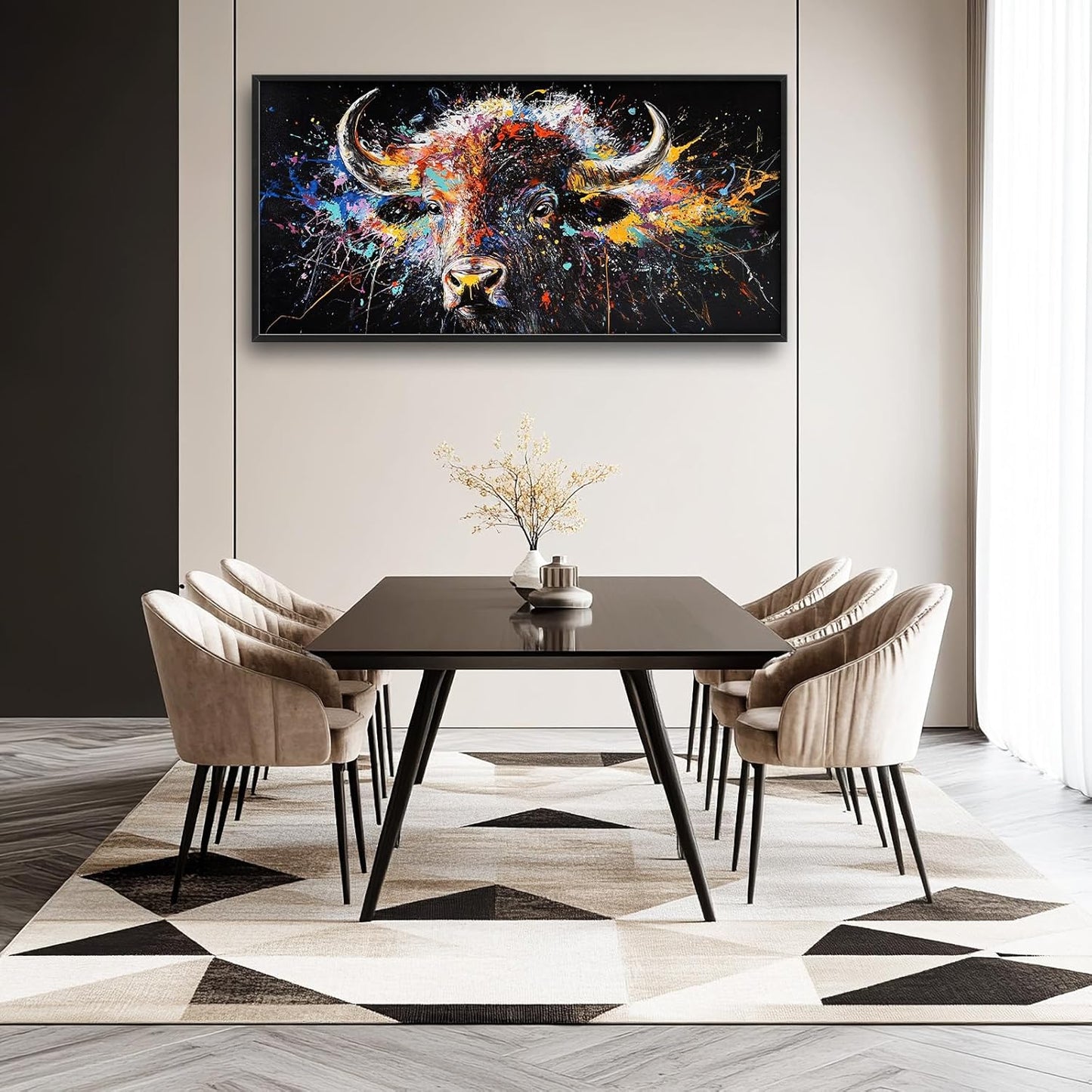 Framed Large Bison Buffalo Wall Art for Living Room, Oversized Graffiti Yak Cow Wall Decor Banksy Bull Canvas Painting Animal Pictures Modern Artwork for Living Room Bedroom Office 60"x30"