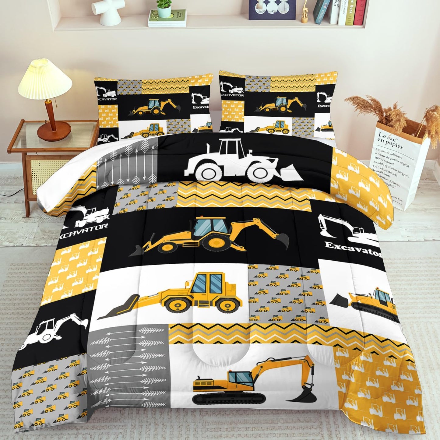 Construction Comforter Set Full Boys,Yellow Full Construction Bedding Set,Engineering Vehicles Comforter Yellow Bedroom Decor Kids,Truck Quilt Cartoon Truck Bedding for Teen