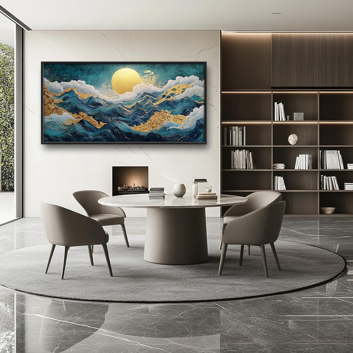 Framed Large Sun Mountain Wall Art, Oversized Teal and Golden Sun Wall Decor for Living Room, Abstract Landscape Canvas Painting Modern Artwork Home Decoration for Living Room Bedroom 60"x30"