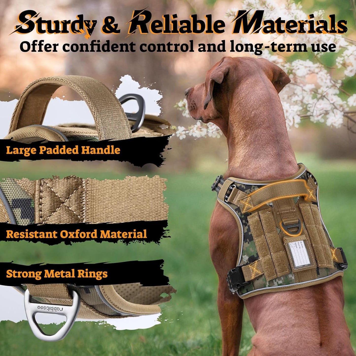 rabbitgoo Dog Harness for Large Dogs No Pull, Tactical Service Pet Vest with Molle and Control Handle, Adjustable and Reflective Military Harness for Easy Walking and Training, Brown camo, L