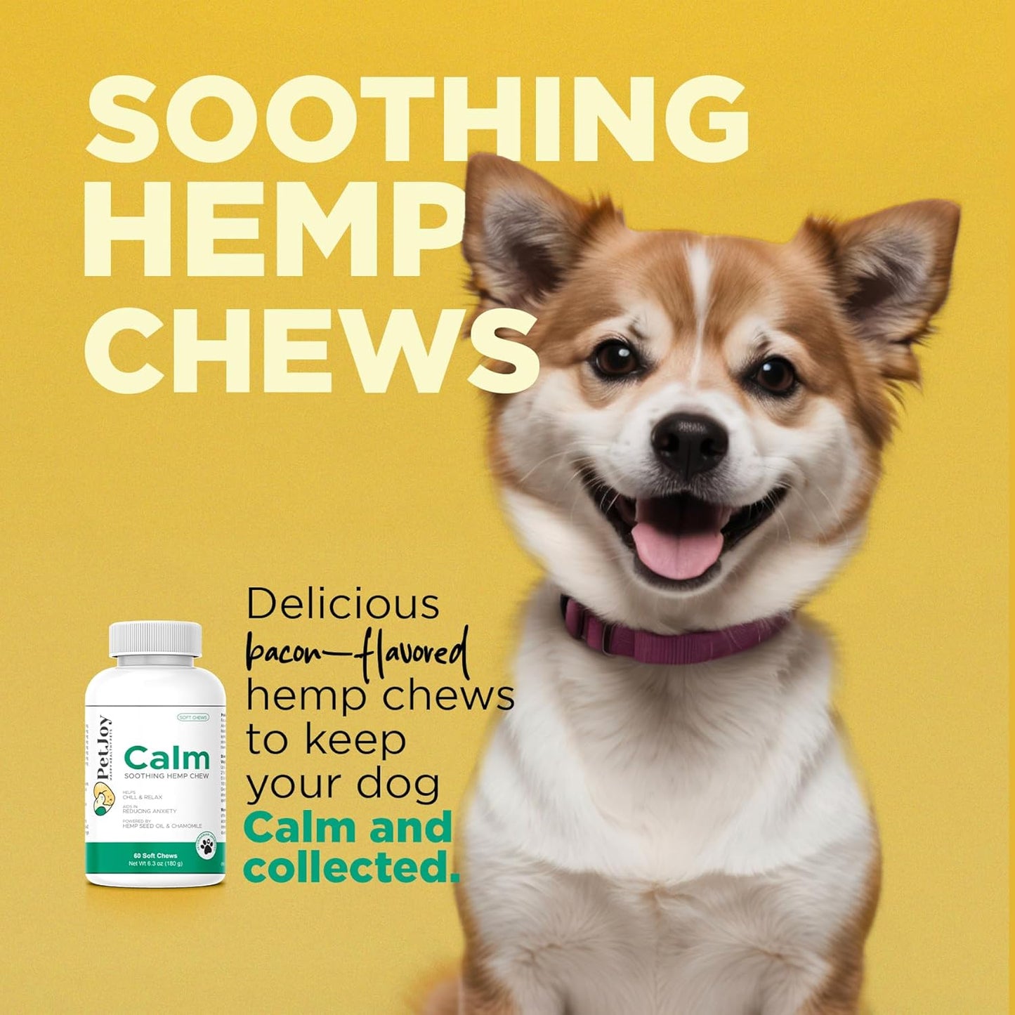 PetJoy Hemp Calming Chews for Dogs Relaxation Separation Anxiety Relief - Hemp Gummies for Calm Dog Sleep Aid for Puppies with Chamomile (60 Bacon Calming Treats)